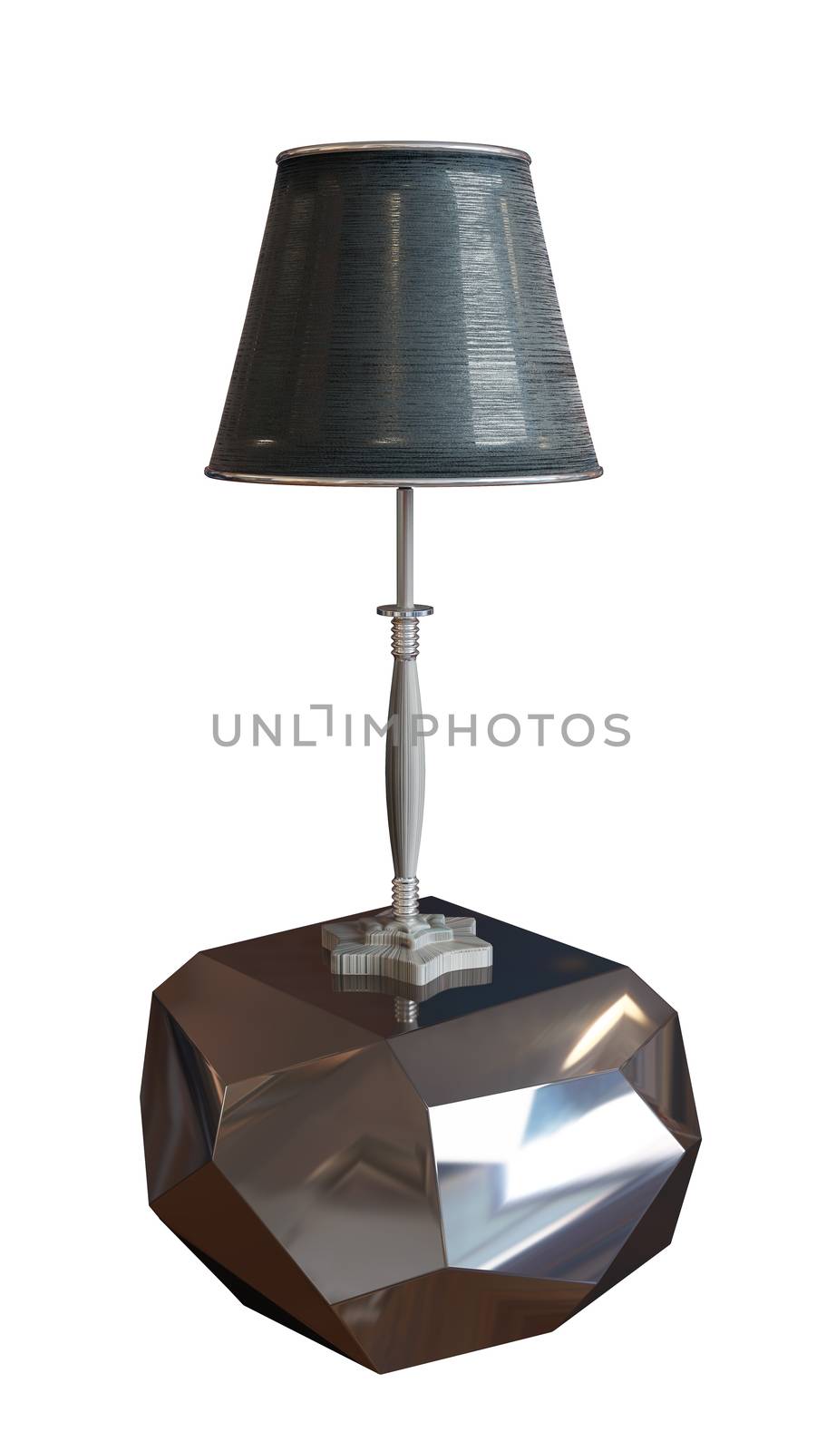 Black lamp with lampshade sitting on a metallic or glass, silvery pedestal. 3D illustration isolated against a white background
