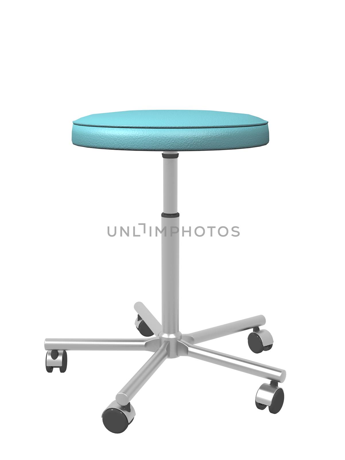 Adjustable metal mobile medical stool, 3d illustration, isolated against a white background