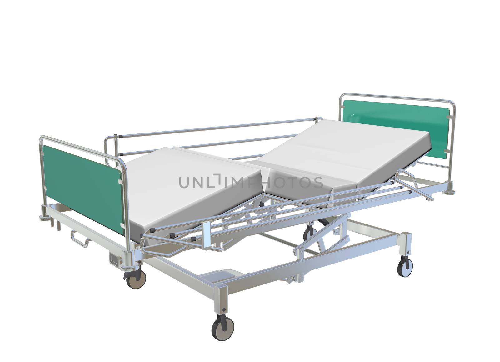 Green and grey mobile adjustable hospital bed with recliner and side guards, 3D illustration, isolated against a white background