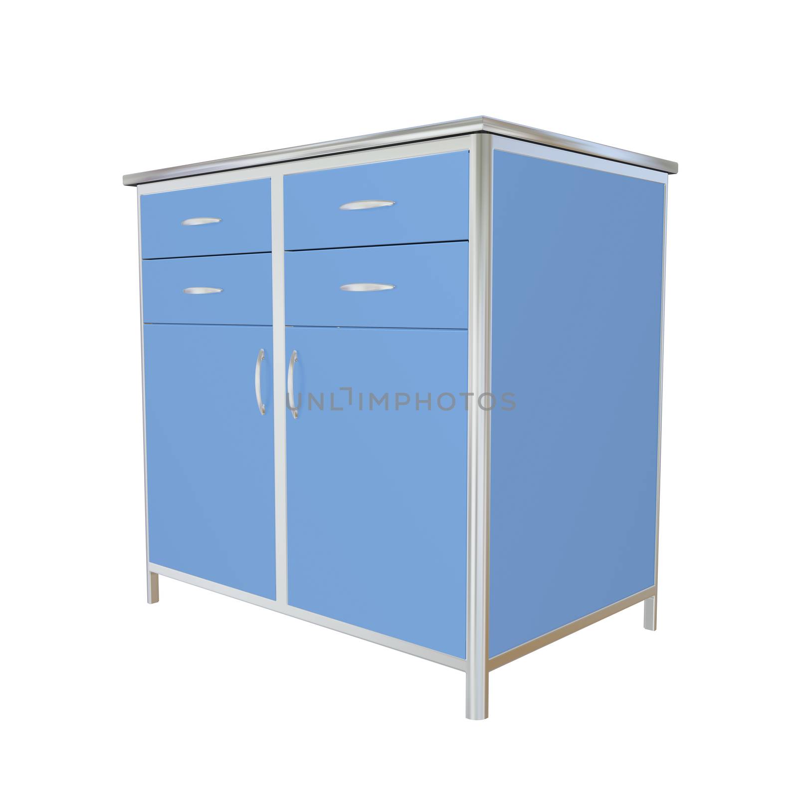 Blue and stainless steel metal medical supply cabinet, 3d illustration, isolated against a white background