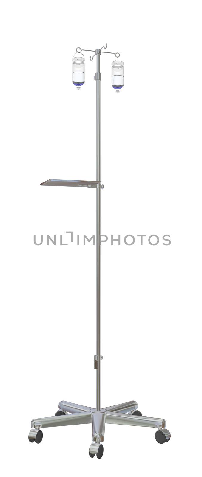 Adjustable mobile medical  iv pole with intravenous fluid bottles, 3d illustration, isolated against a white background