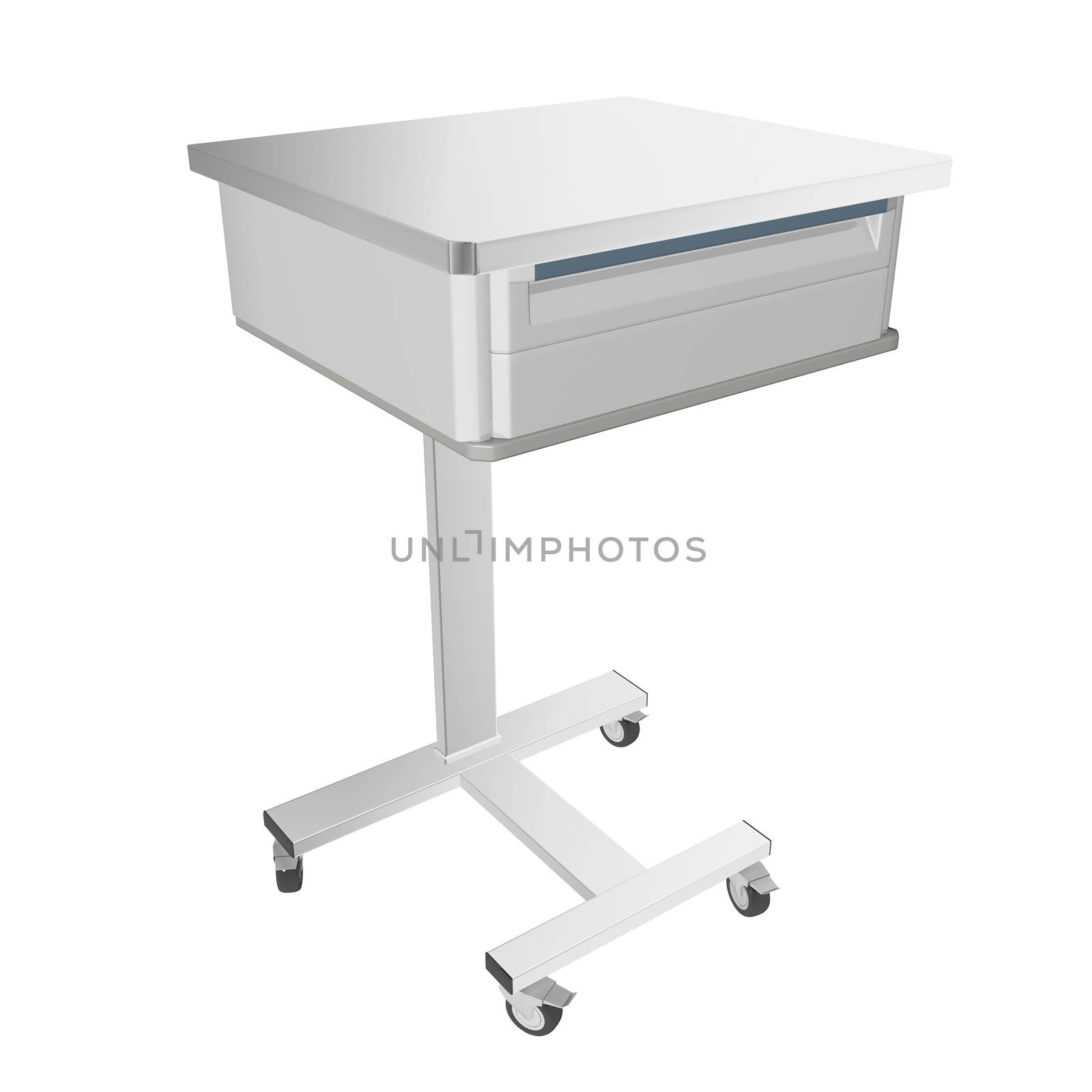 Mobile stainless metal medical over bed table with drawer, 3d illustration, isolated against a white background