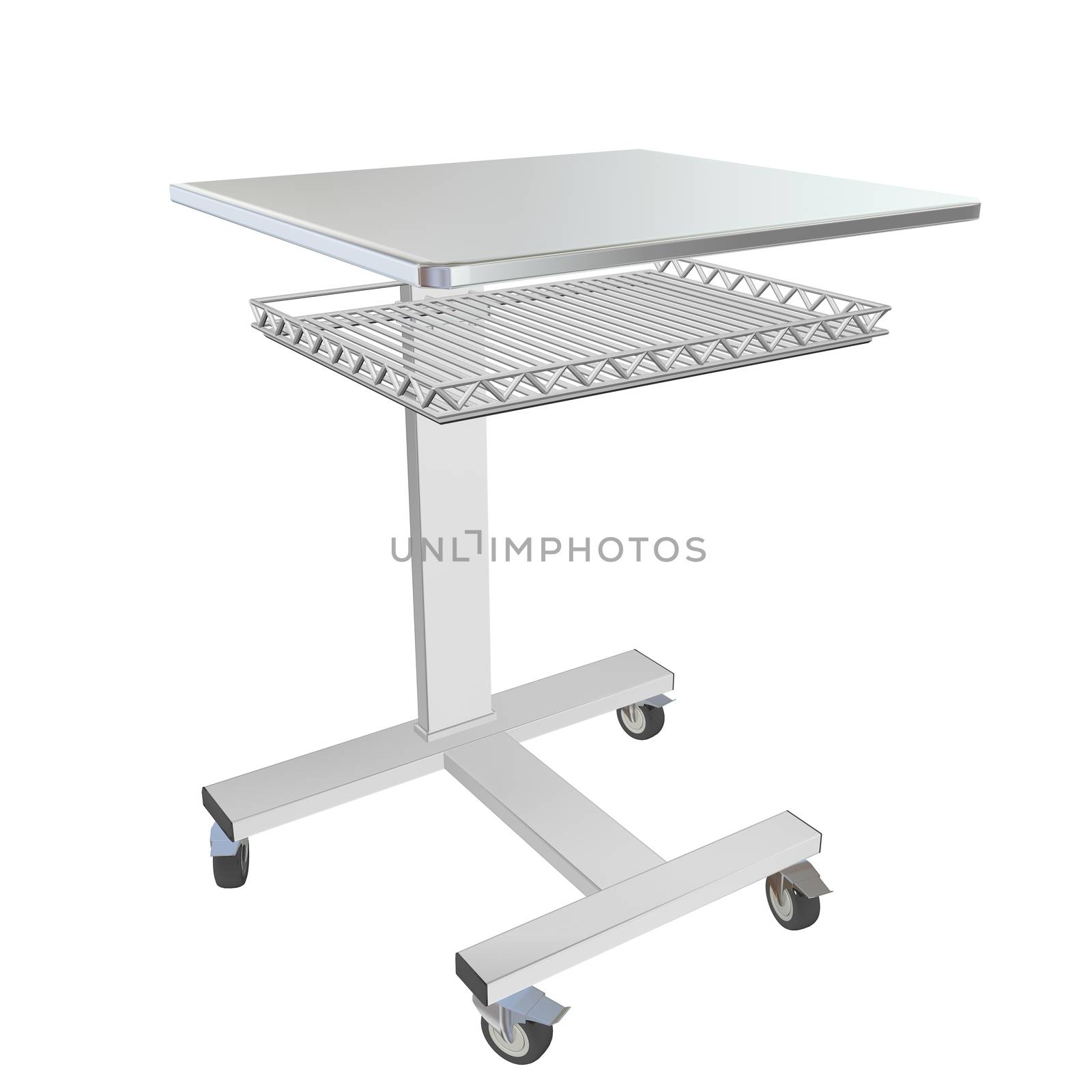 Mobile metal medical over bed table with wire mesh tray, 3d illustration, isolated against a white background