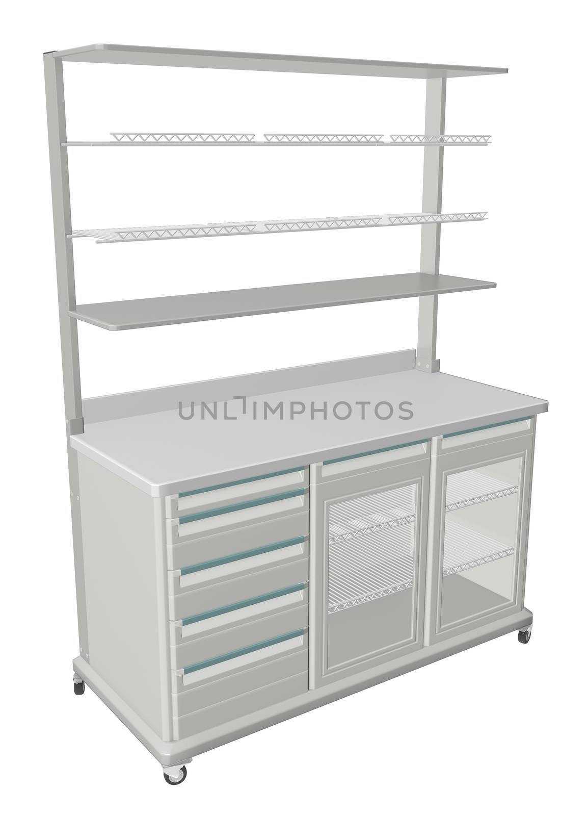 Mobile metal medical supply cabinet with solid and wire mesh shelves, 3d illustration, isolated against a white background. With refrigerated compartment