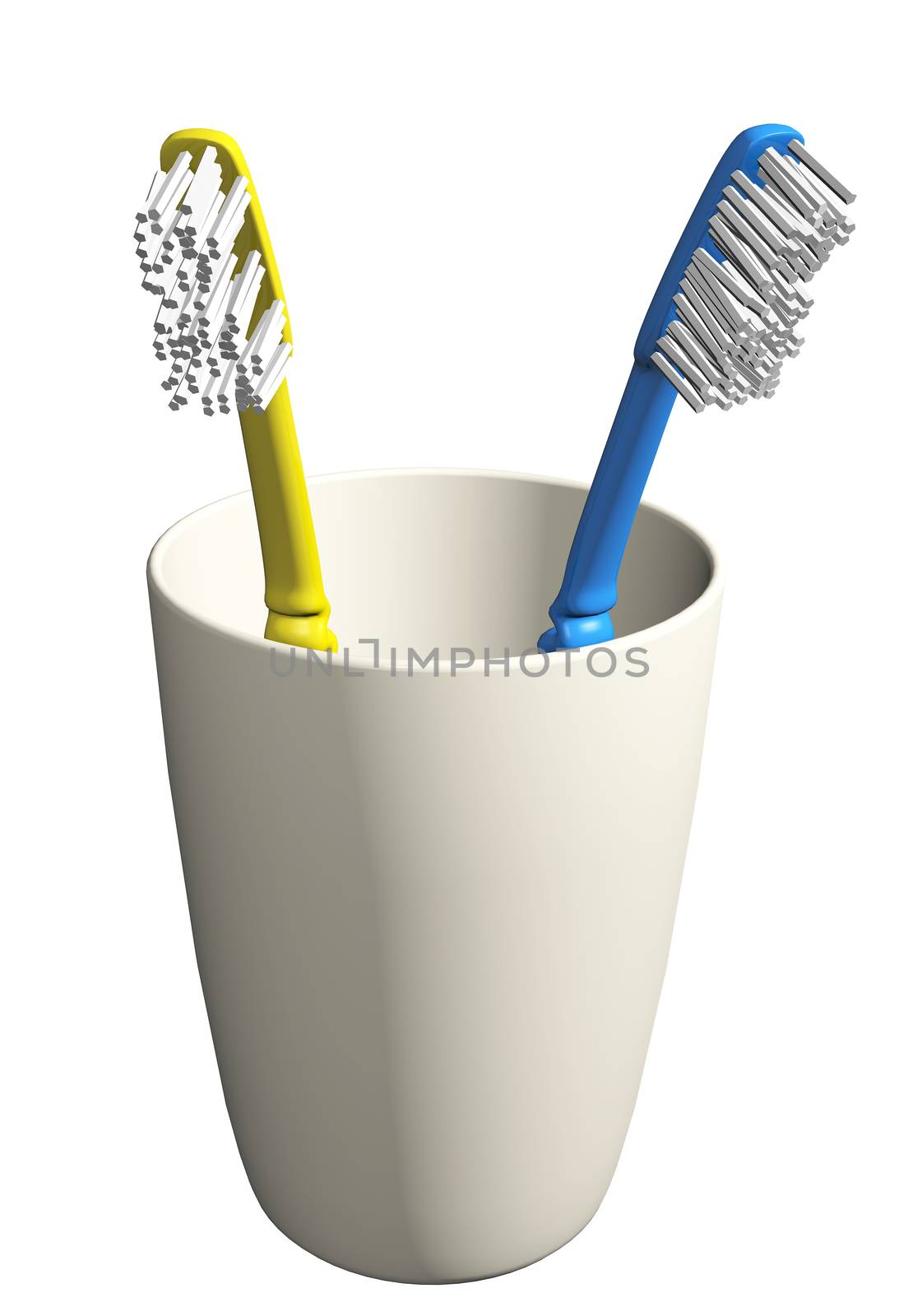 Two toothbrushes in a simple glass, 3D illustration, isolated against a white background.