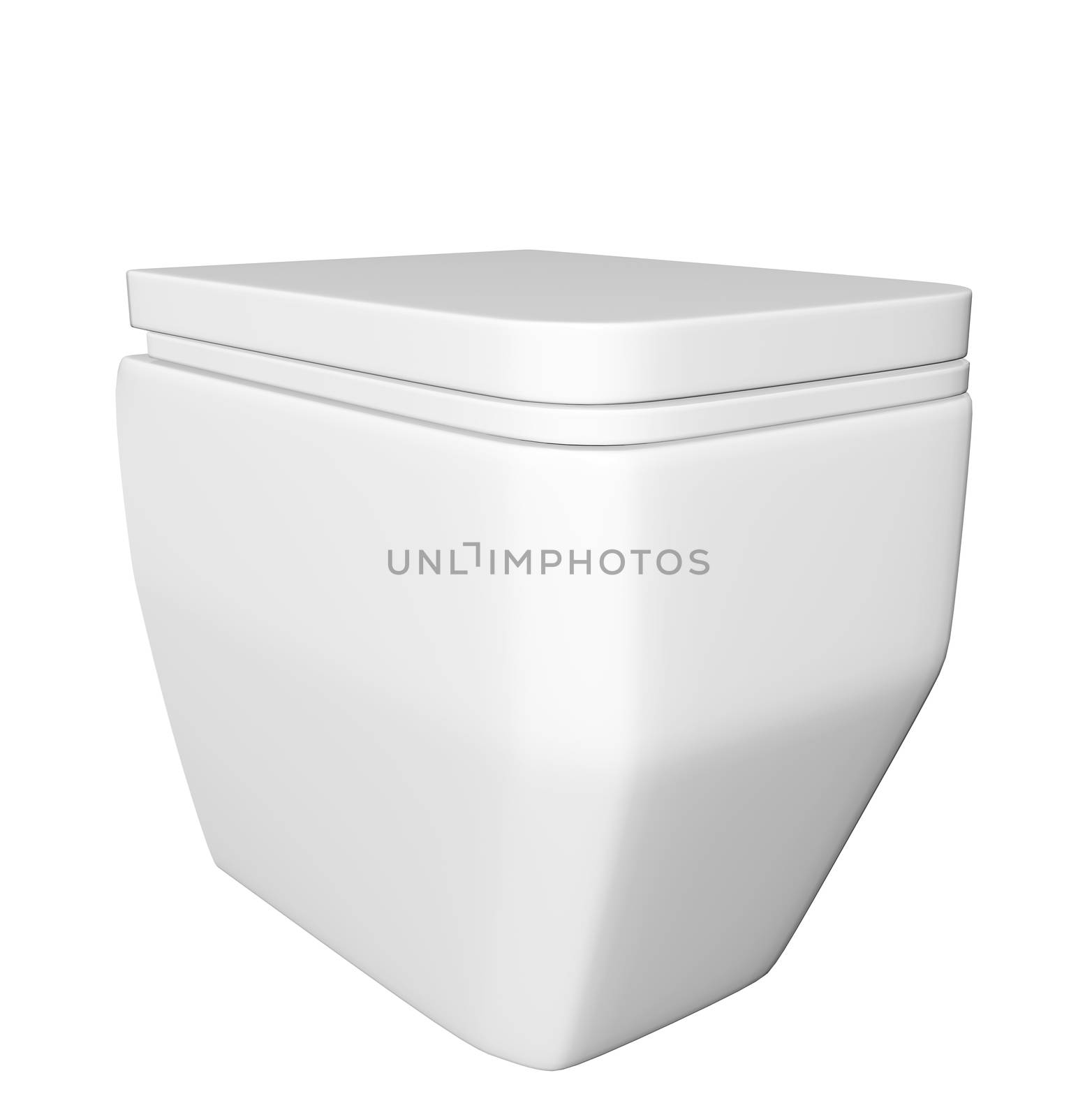 Modern square white ceramic and acrylic toilet bowl and lid, isolated against a white background. 3D illustration by Morphart