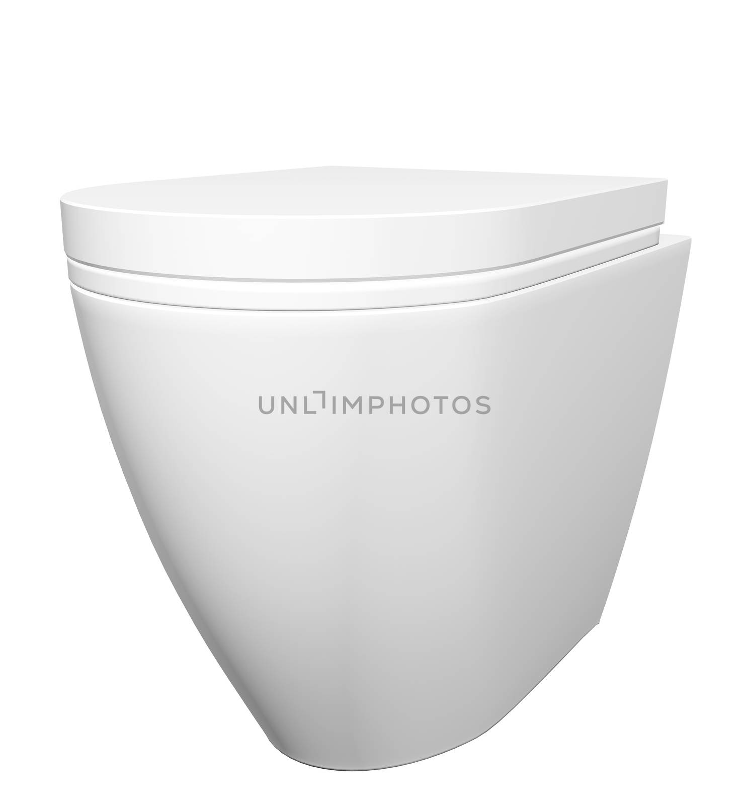 Modern white ceramic and acrylic toilet bowl and lid, isolated against a white background. 3D illustration