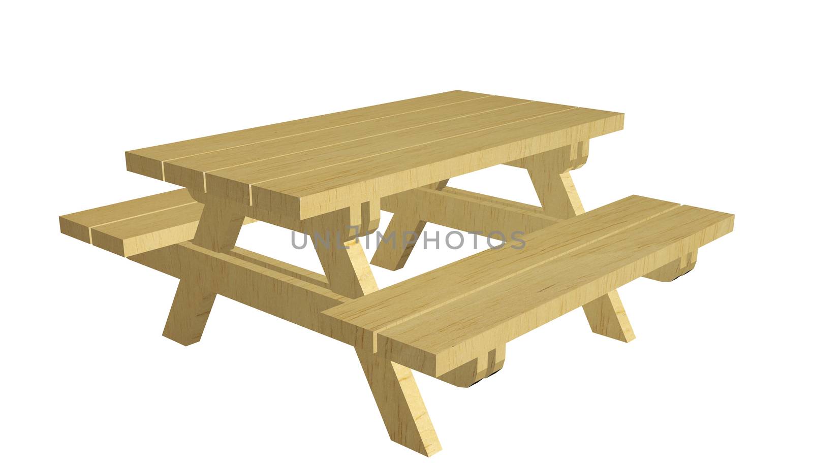 Wooden picnic table, 3d illustration, isolated against a white background