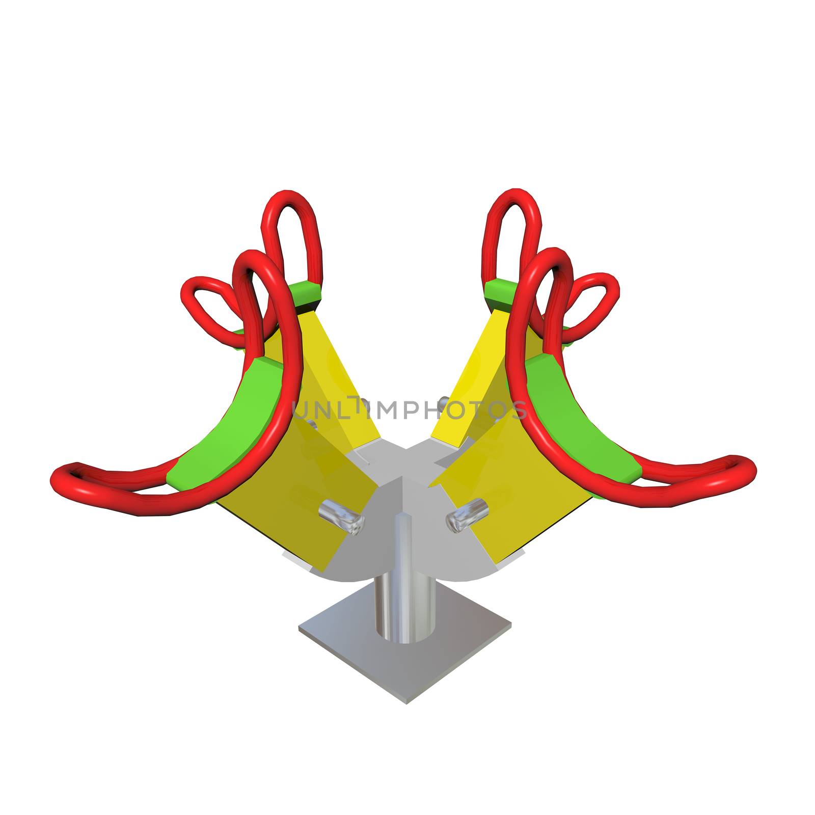 Red, green and yellow four-person children see-saw, 3D illustration, isolated against a white background