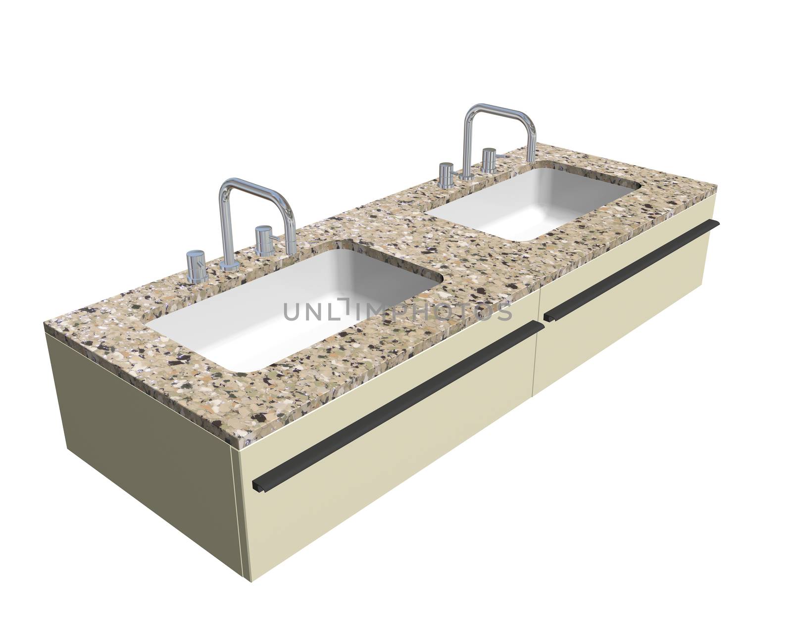 Modern washroom sink set with granite counter and chrome fixtures, 3d illustration, isolated against a white background