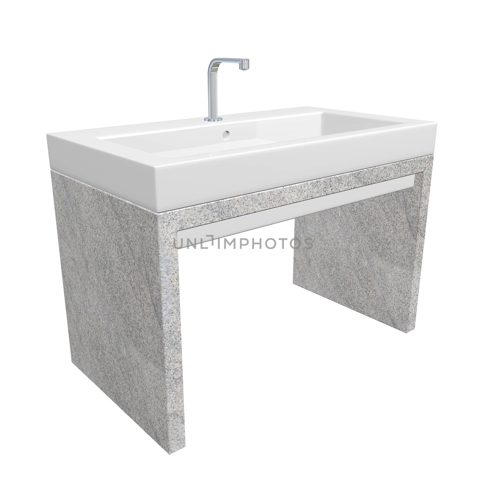 Modern washroom sink set with ceramic or acrylic wash basin, chrome fixtures, and granite base, 3d illustration, isolated against a white background