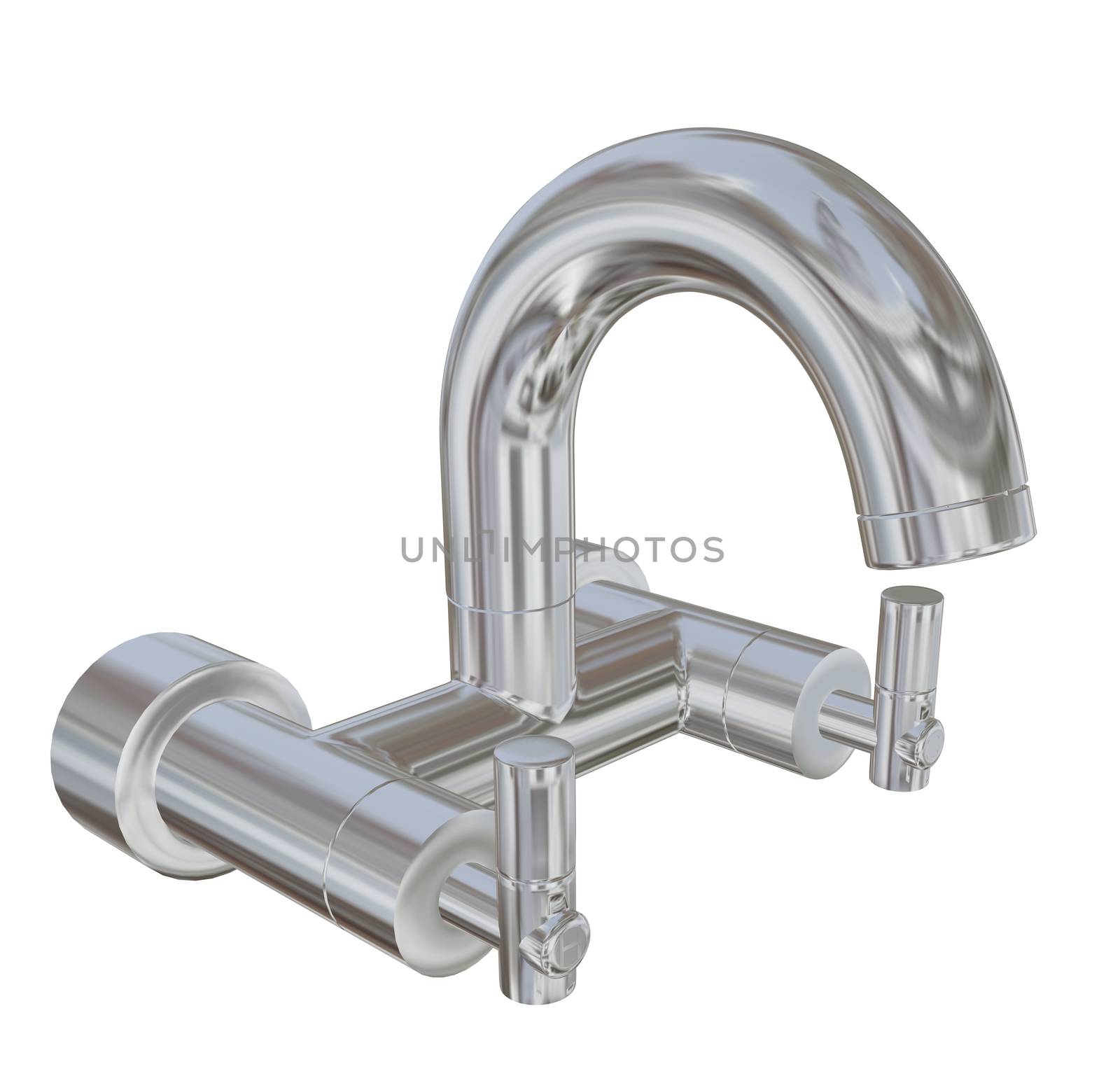 Modern faucet with chrome finishing, 3d illustration, isolated against a white background