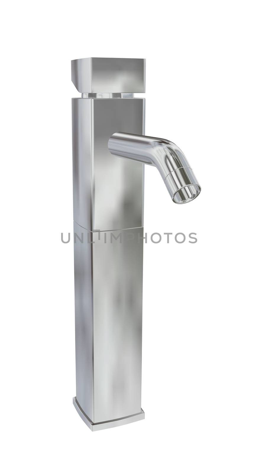 Modern faucet with chrome or stainless steel finishing, 3d illustration, isolated against a white background. Kitchen fixtures.