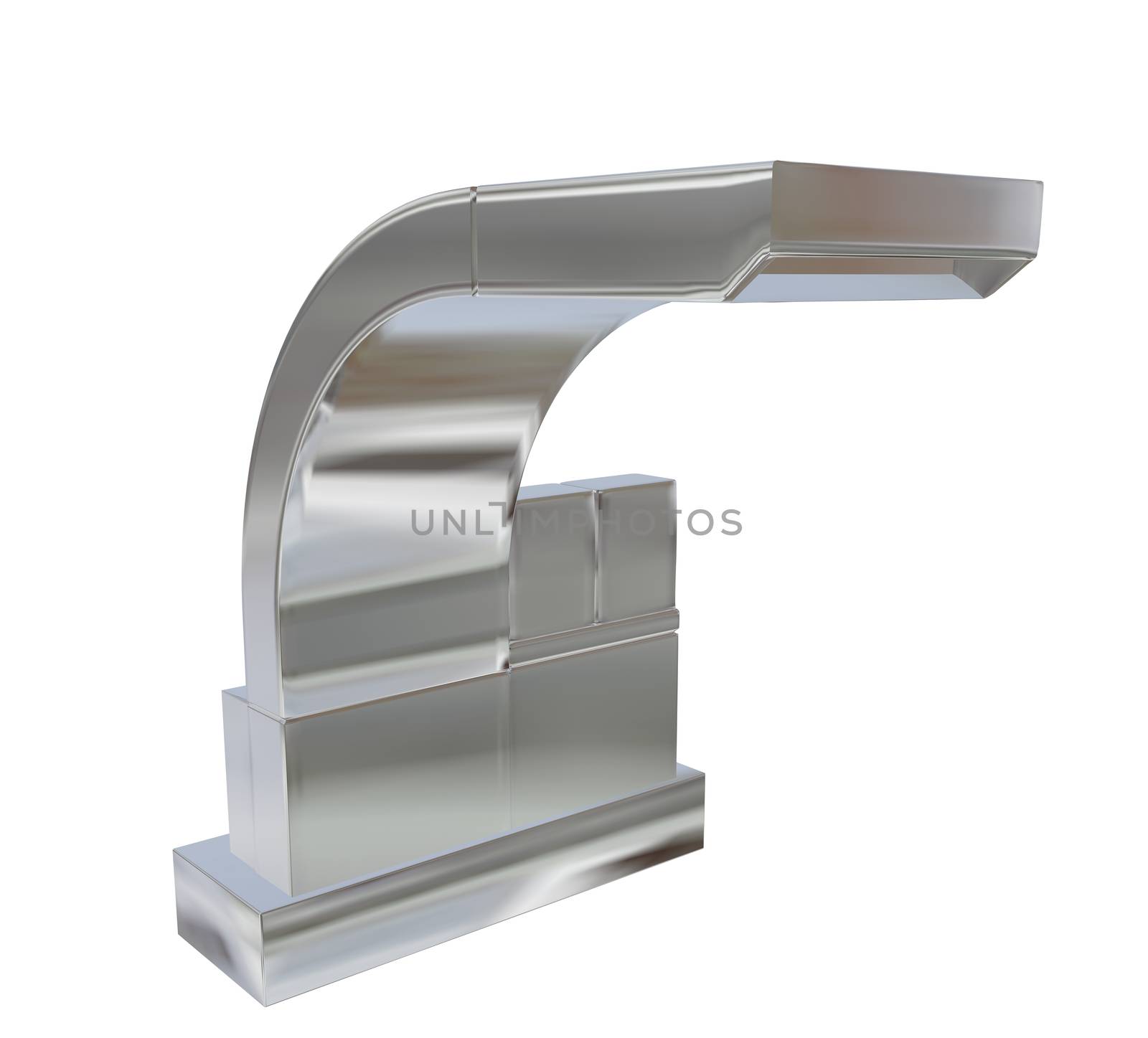 Modern square faucet with chrome or stainless steel finishing, 3d illustration, isolated against a white background. Kitchen fixtures.