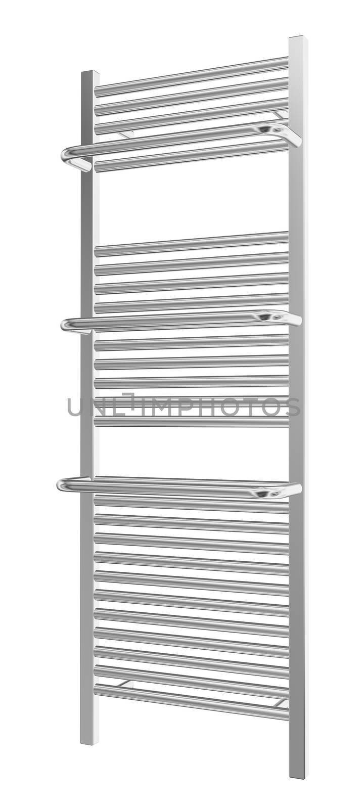 Wall-mounted towel rack with chrome finishing, 3d illustration, isolated against a white background