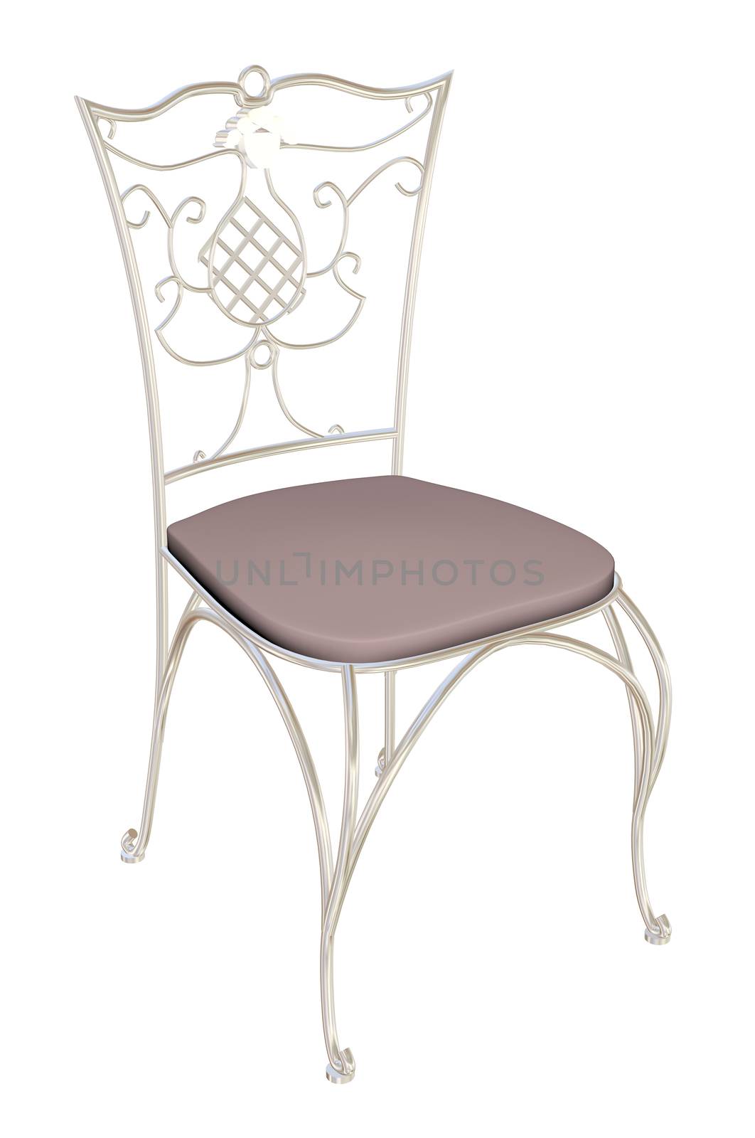 Cast-iron chair with padded seat, gray,  3D illustration, isolated against a white background.