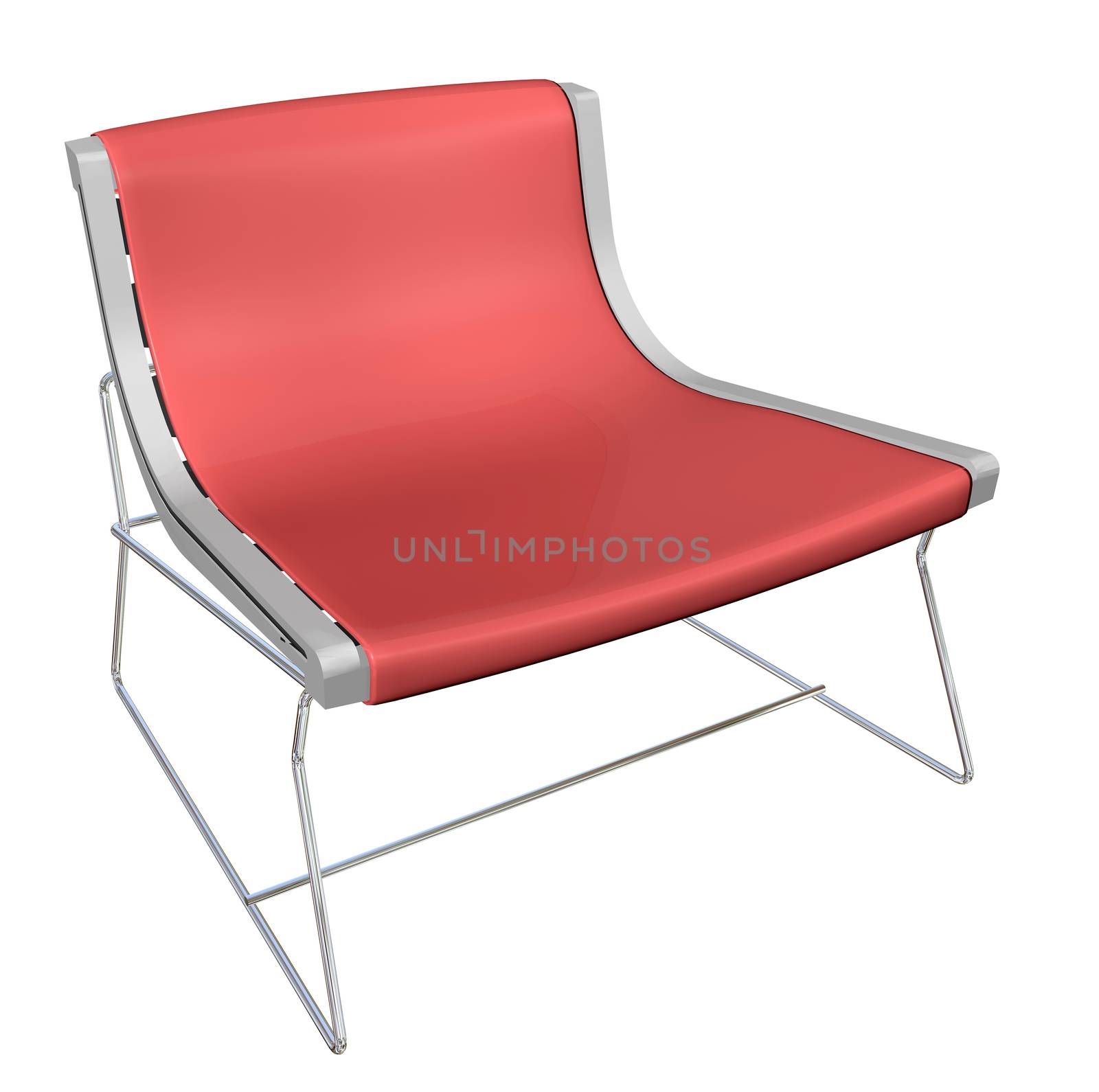 Low-back plastic chair, red, metal frame,  3D illustration, isolated against a white background.