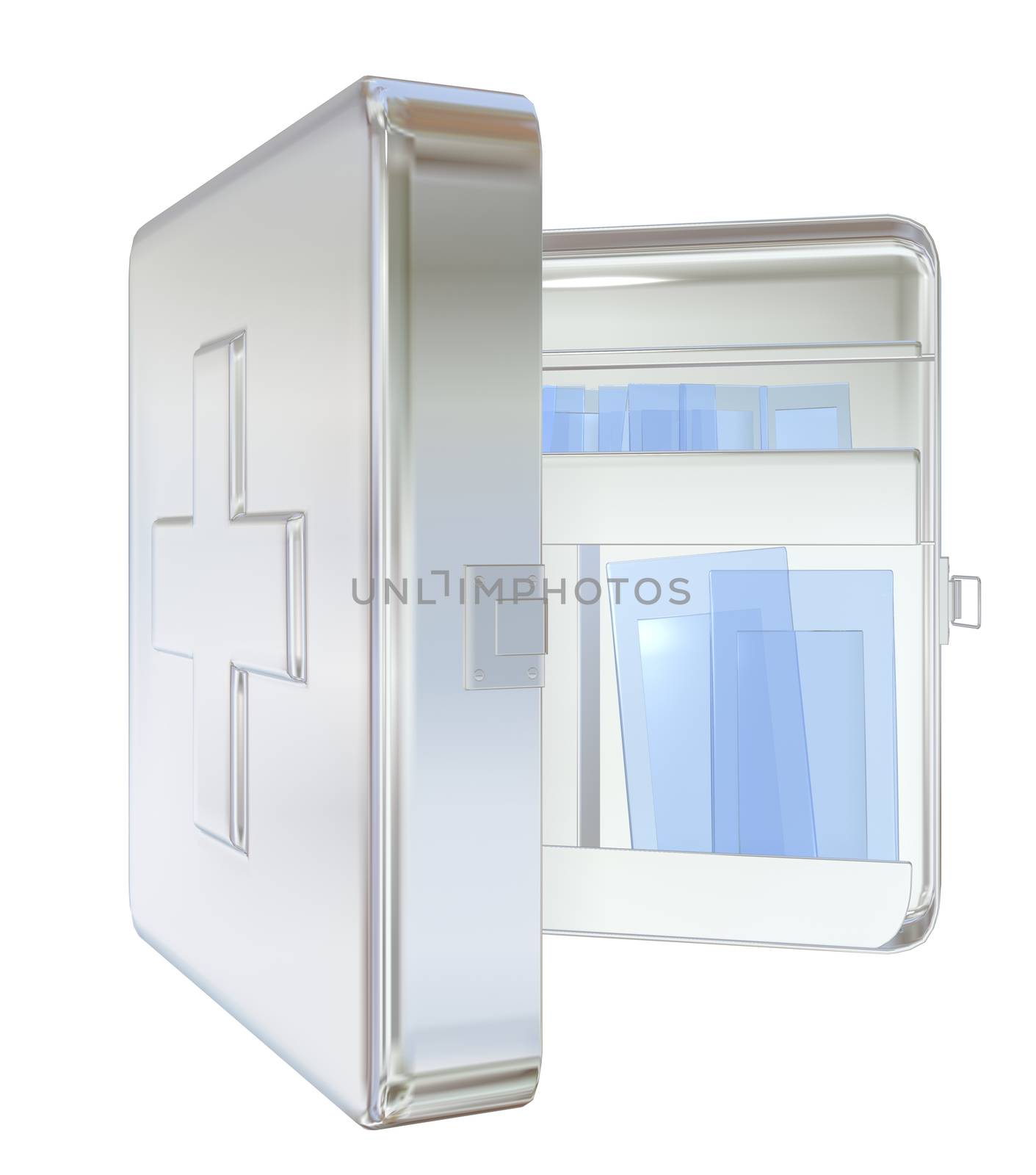 Medicine cabinet, white, wall-mounted, opened,  3D illustration, isolated against a white background.