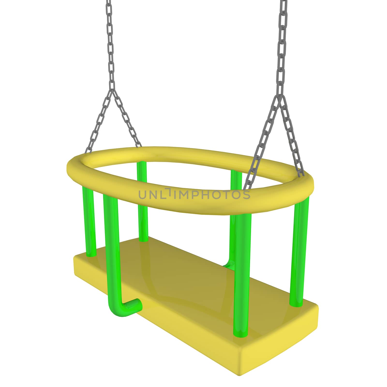 Child-safe swing, yellow and green, 3D illustration, isolated against a white background.
