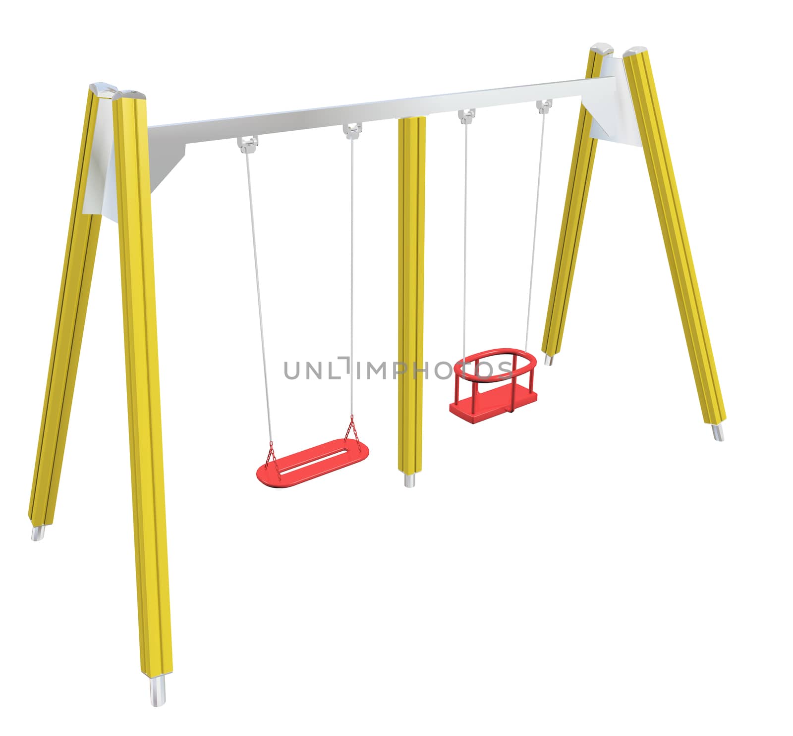 Child-safe swing, yellow and red,  3D illustration, isolated against a white background.