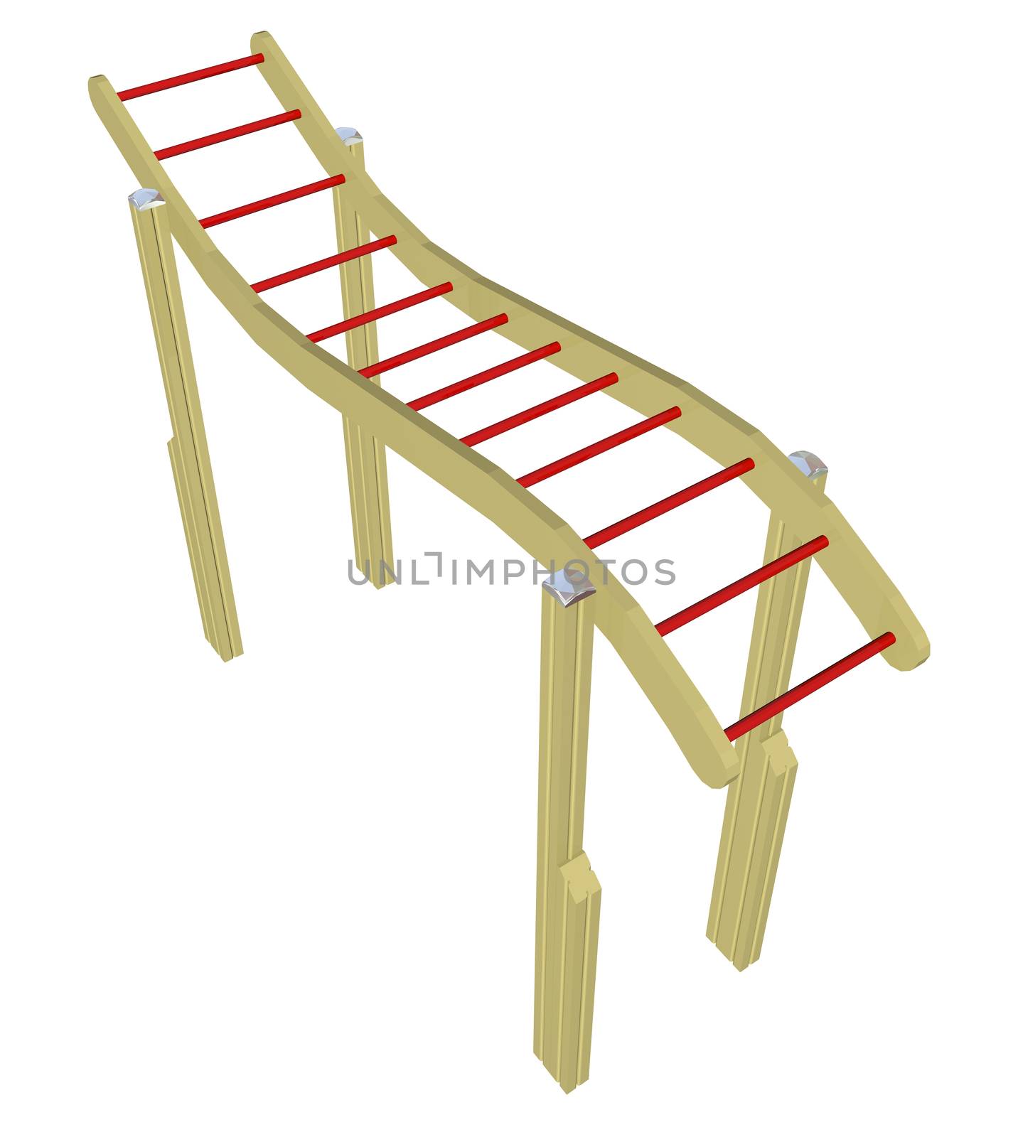 Monkey bars, red and yellow, 3D illustration, isolated against a white background.