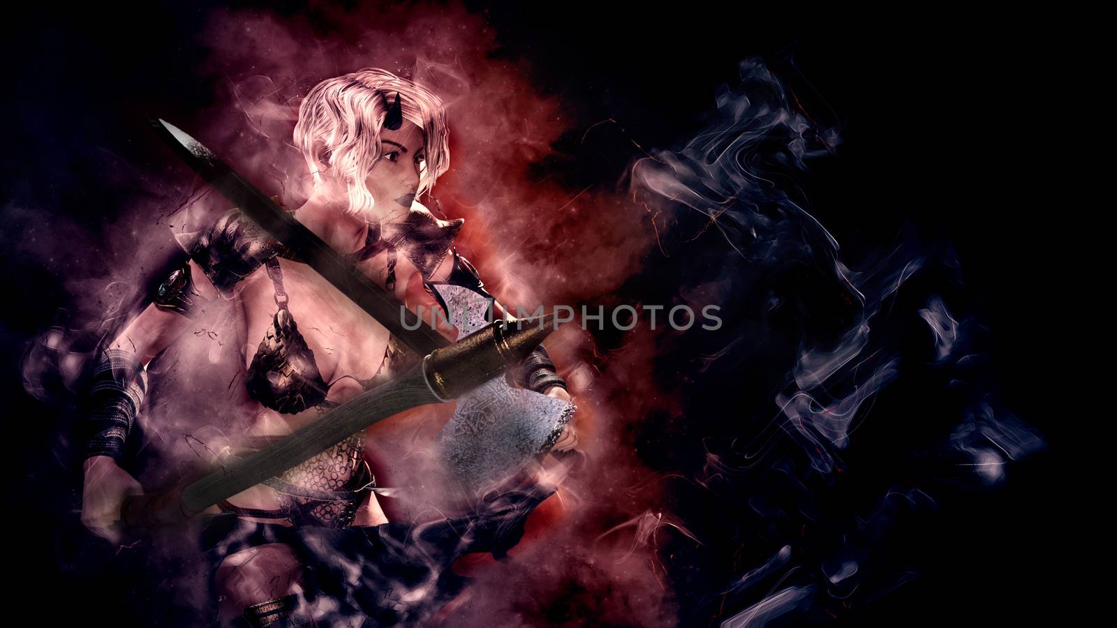 Horned blonde female demon with sword posing over dark background by ankarb