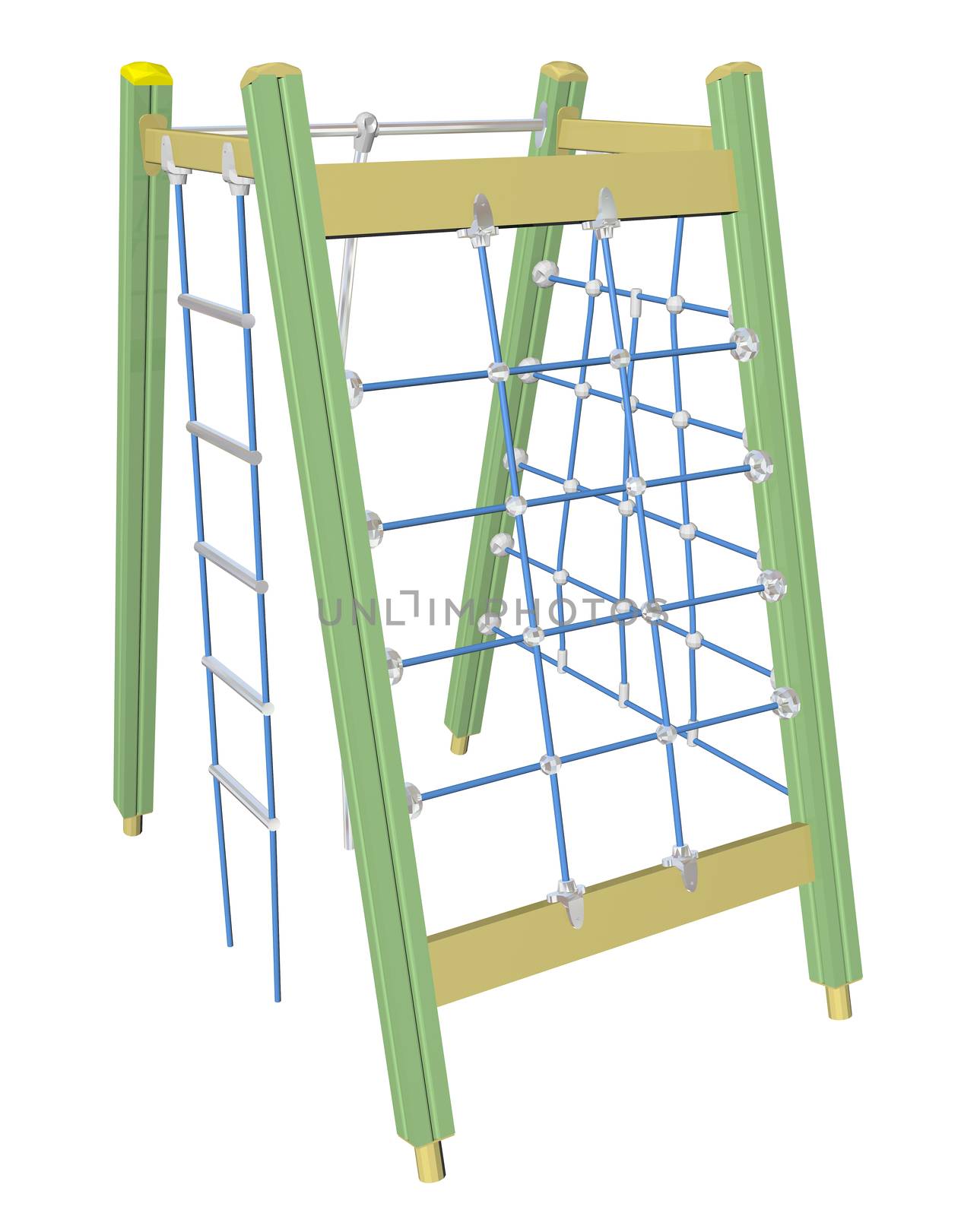 Play and climbing net, yellow green blue, 3D illustration, isolated against a white background.