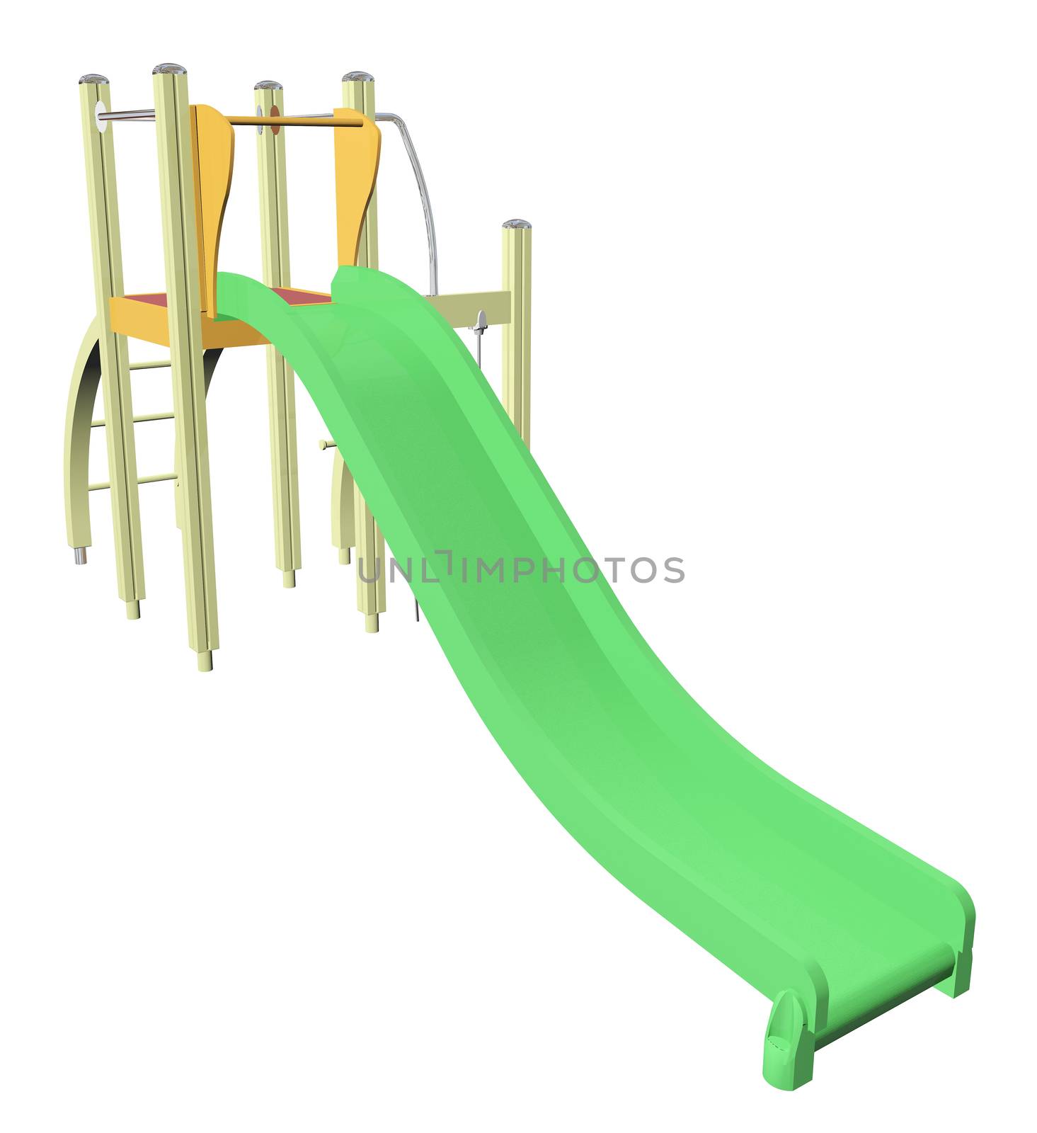 Kiddie slide, green, 3D  illustration, isolated against a white baackground