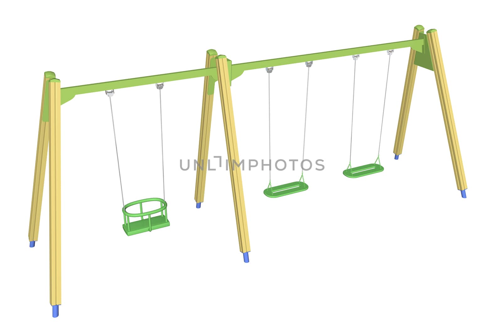 Child-safe swing, yellow and green, 3D illustration