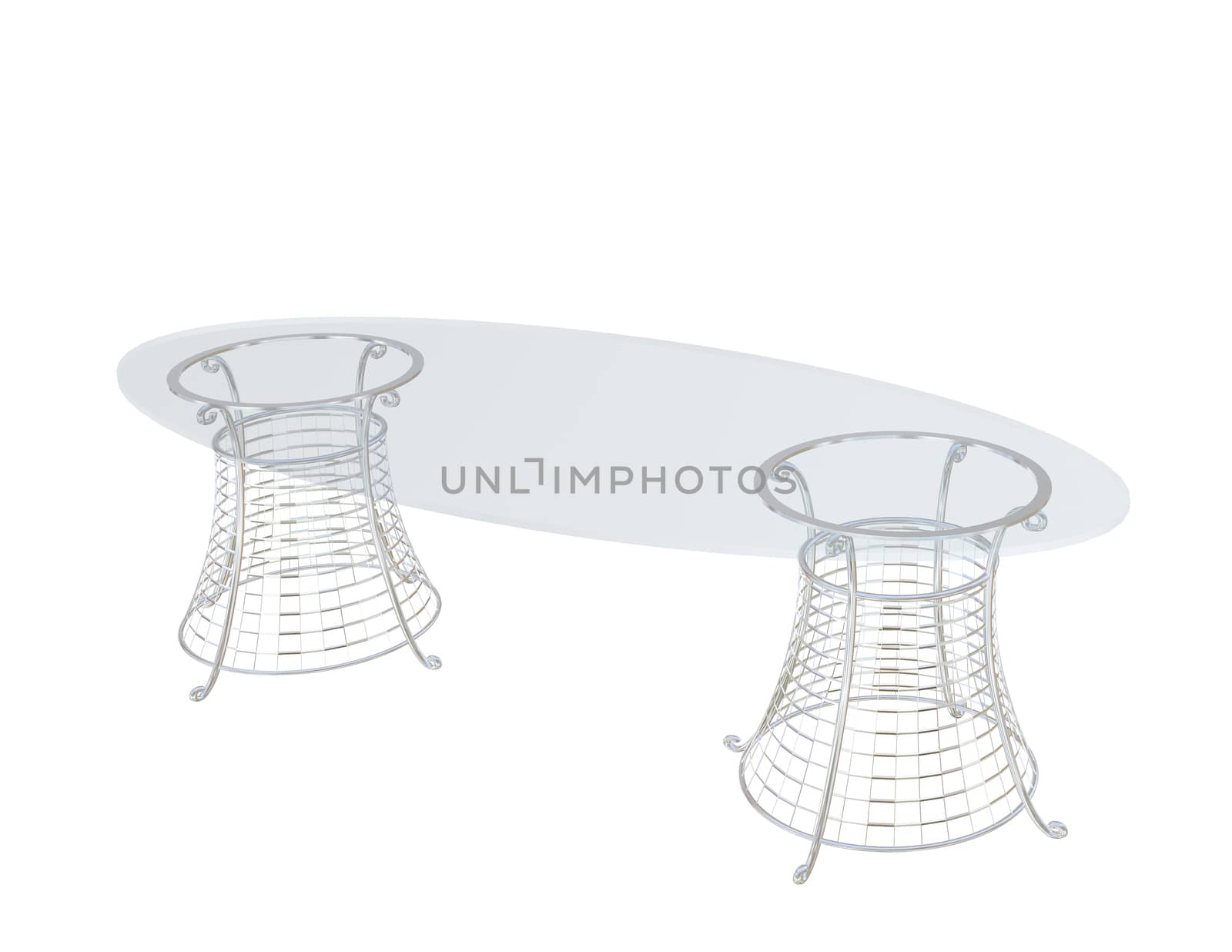 Clear glass oval dining table, with metal base, 3D vector illustration