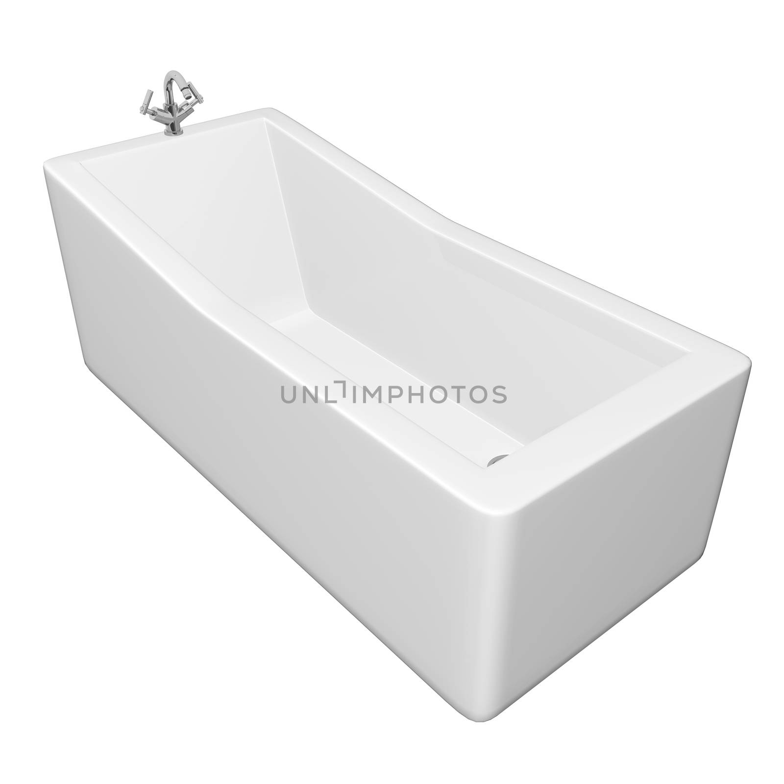 White rectangular bathtub with stainless steel fixtures, isolated against a white background