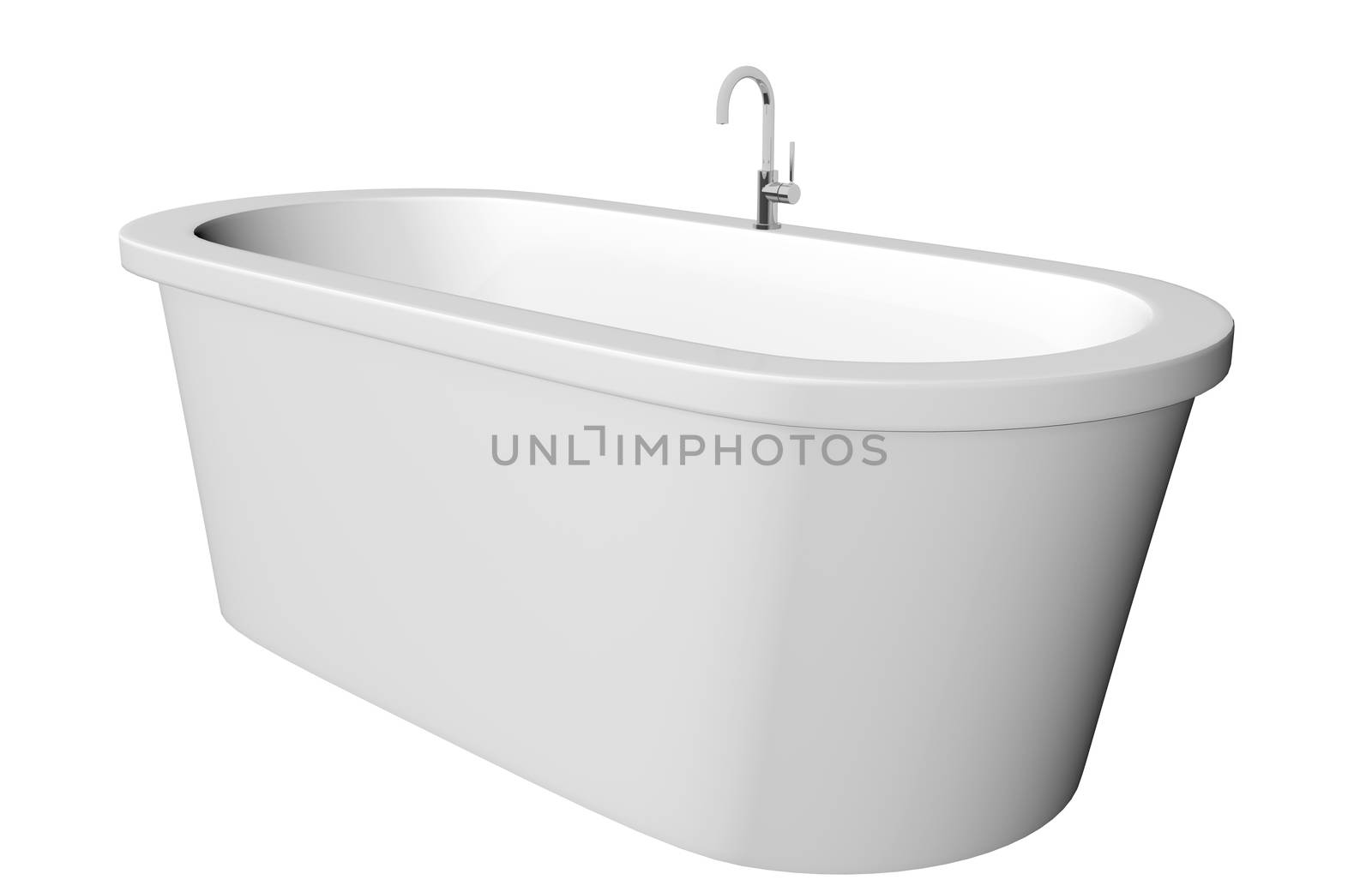 White and deep modern white bathtub with stainless steel fixtures, isolated against a white background