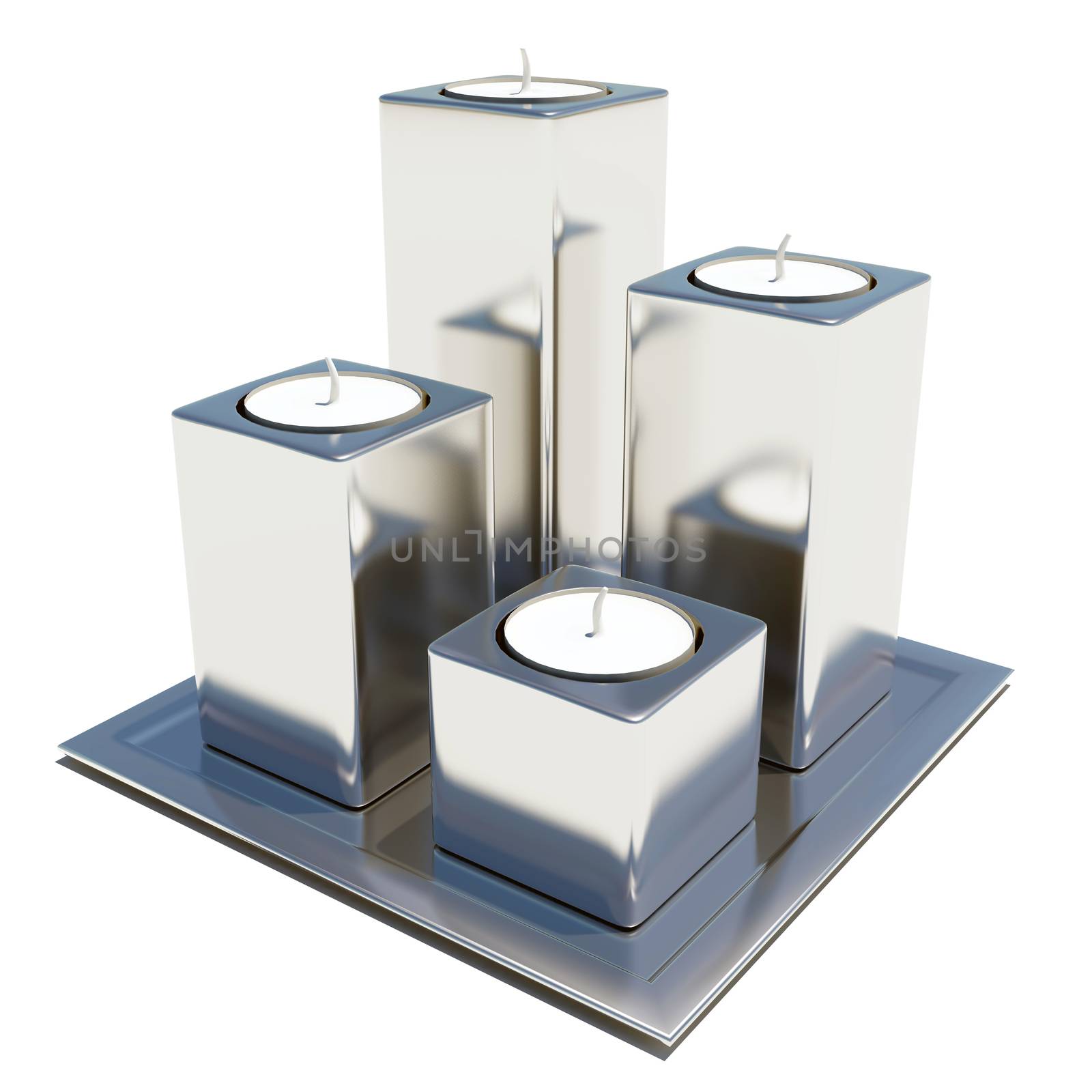 Four silver or stainless steel round and white wax candle holders, isolated against a white background, on a square platter.