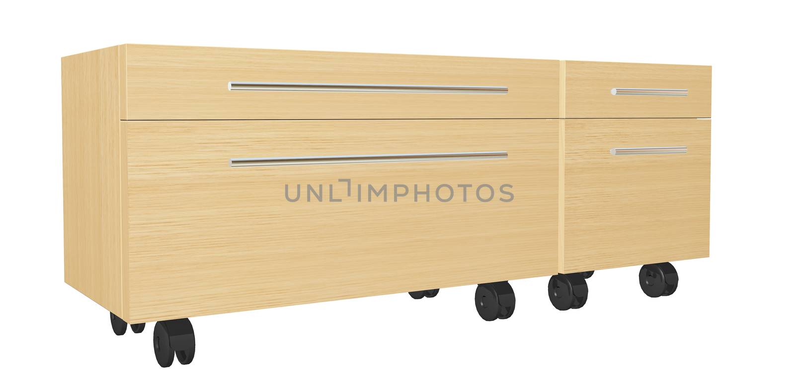 Bedroom dresser with drawers, on wheels, isolated against a white background