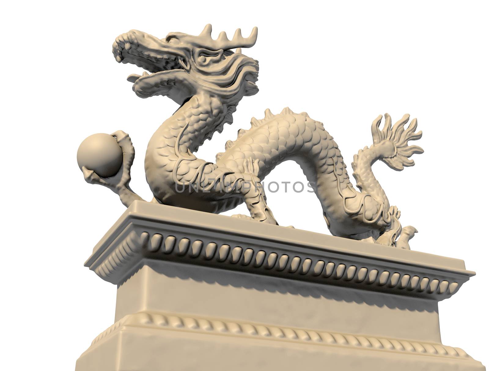 White Chinese dragon statue holding a ball in his claws, isolated against a white background. Bottom view 3D image.