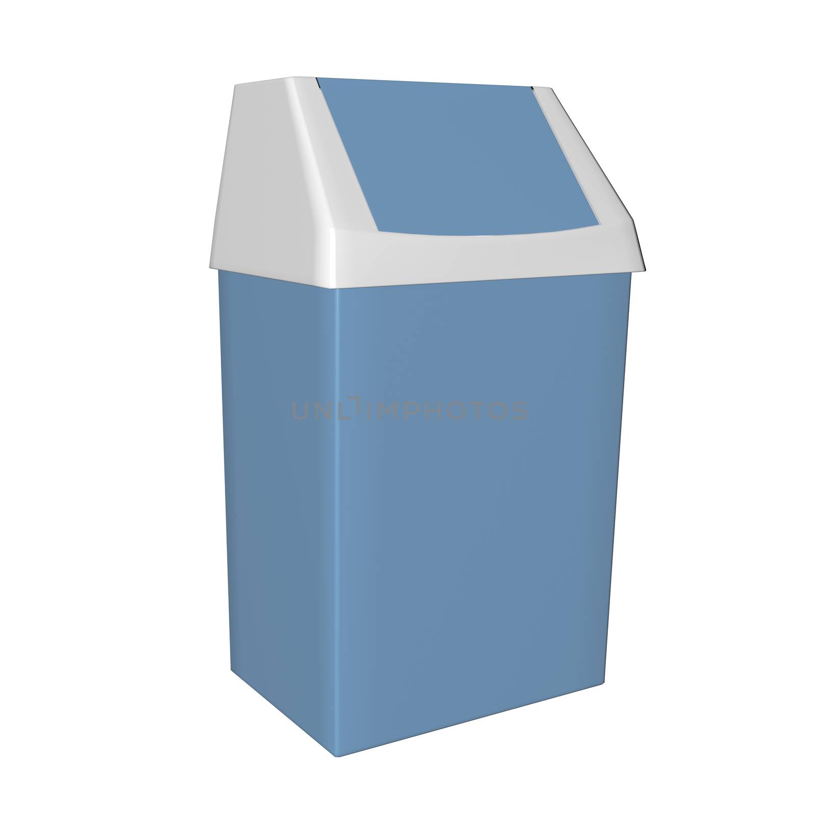 Plastic blue and white trash bin, 3D illustration, isolated against a white background