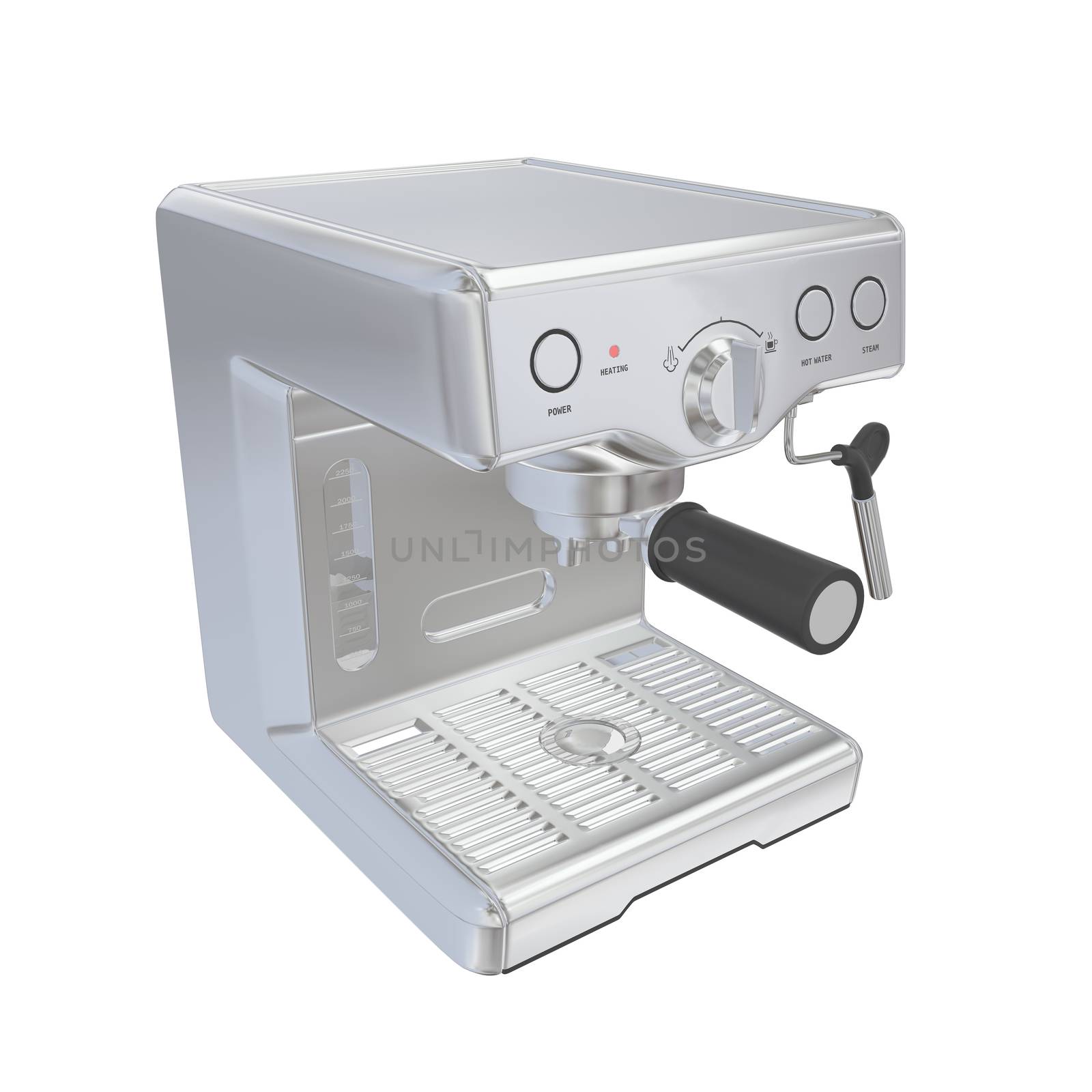 Stainless steel espresso coffee machine, 3D illustration, isolated against a white background