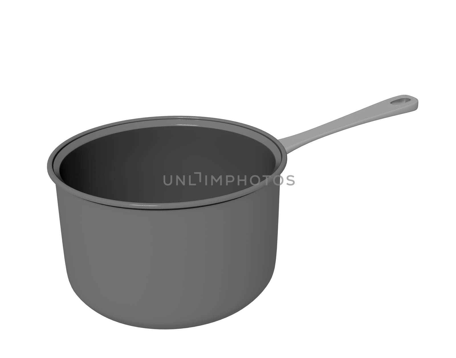 Black teflon coated or cast iron cooking pot, 3D illustration, isolated against a white background