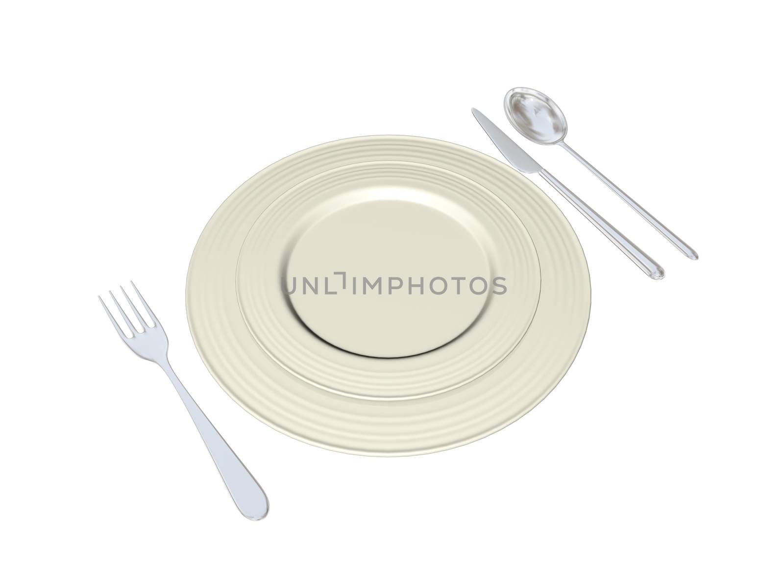 Metal plates with stainless steel spoon fork and knife, 3D illustration, isolated against a white background