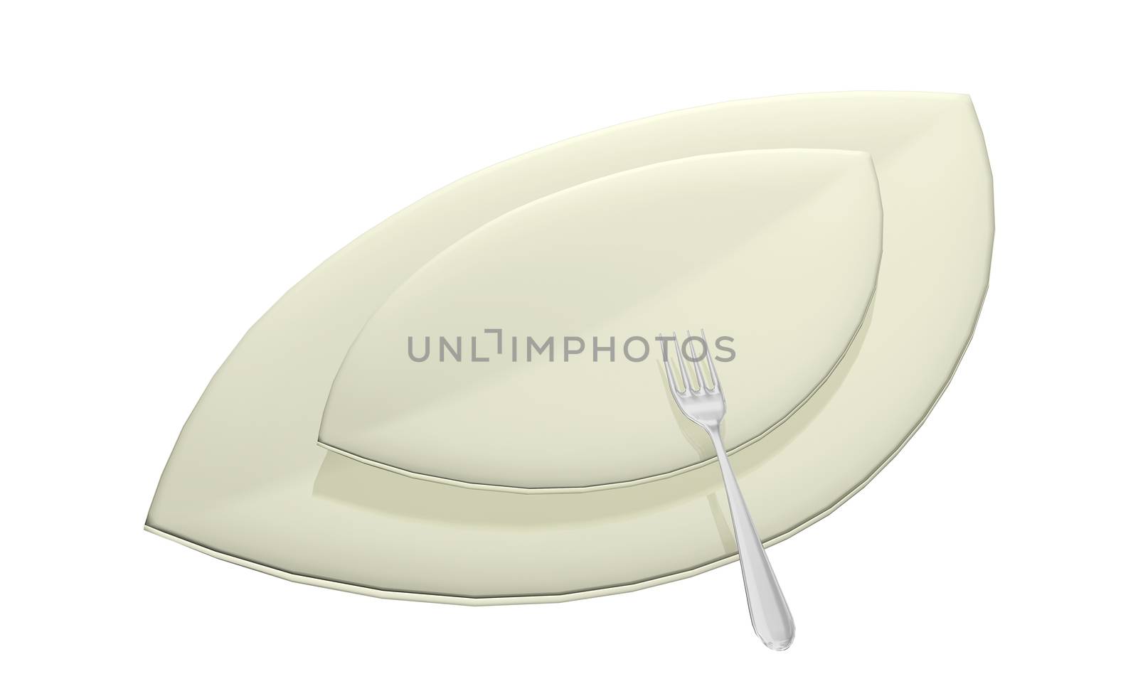Leaf shaped serving dishes with fork, 3D illustration by Morphart
