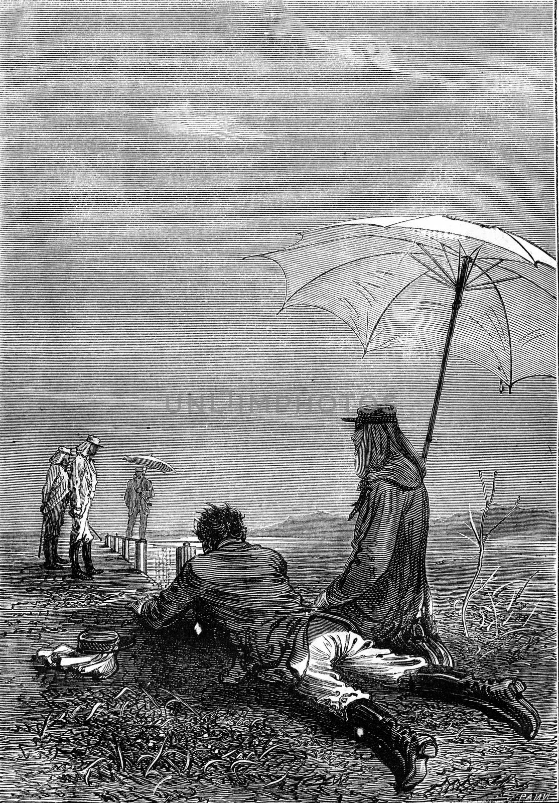 Lying on the ground, vintage engraving. by Morphart