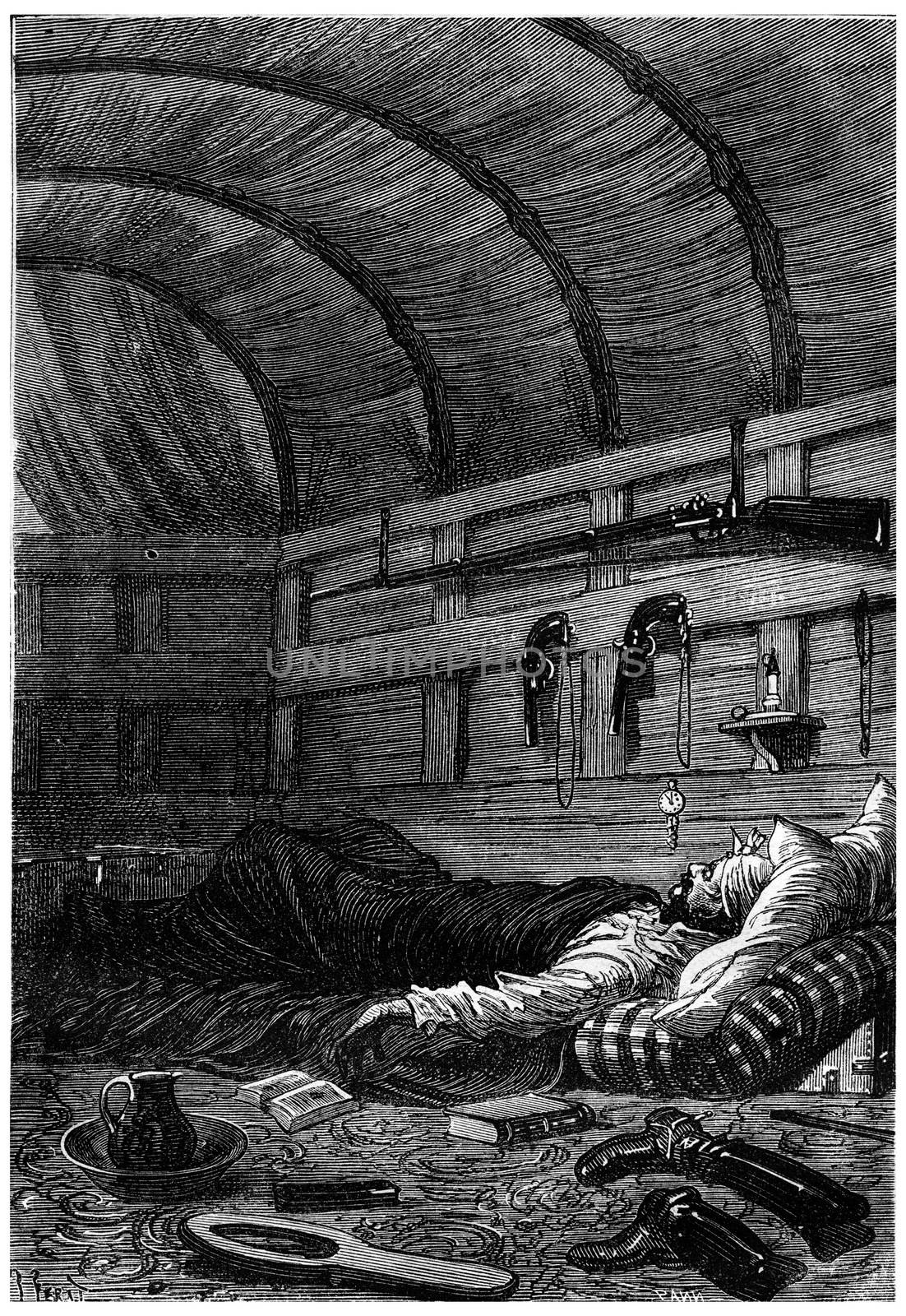 He soon fell asleep, vintage engraving. by Morphart