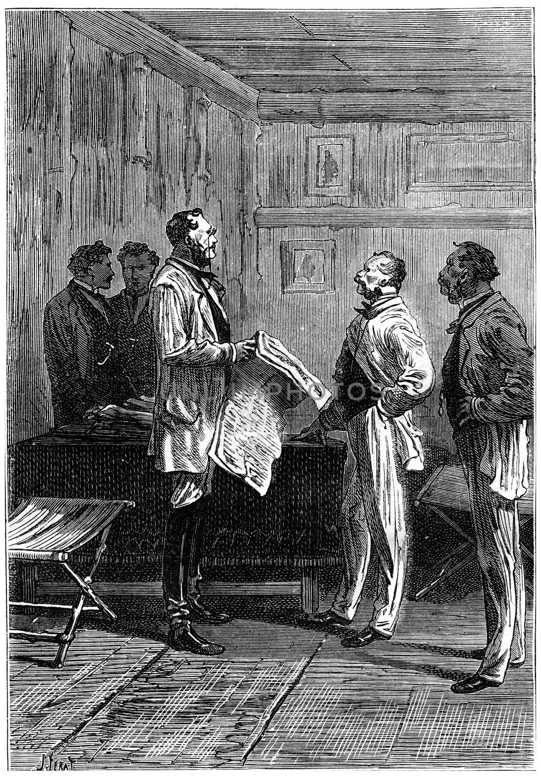 Before communicating, vintage engraved illustration. Jules Verne 3 Russian and 3 English, 1872.