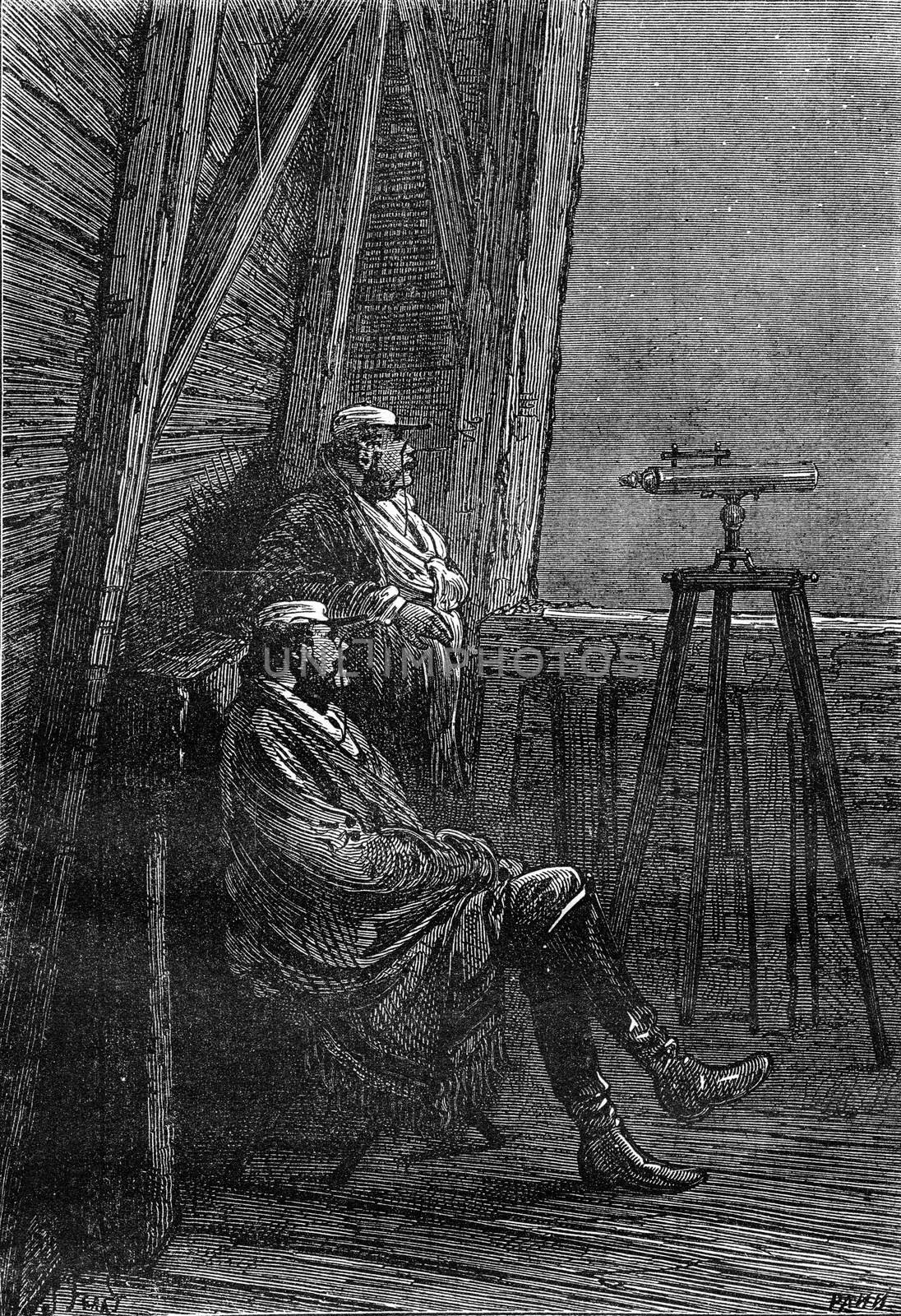 The Colonel and astronomer, vintage engraving. by Morphart