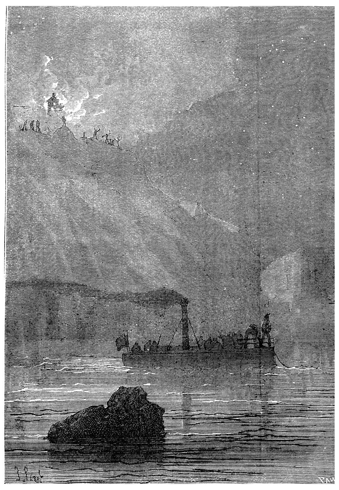 Soon the boat, vintage engraved illustration. Jules Verne 3 Russian and 3 English, 1872.	