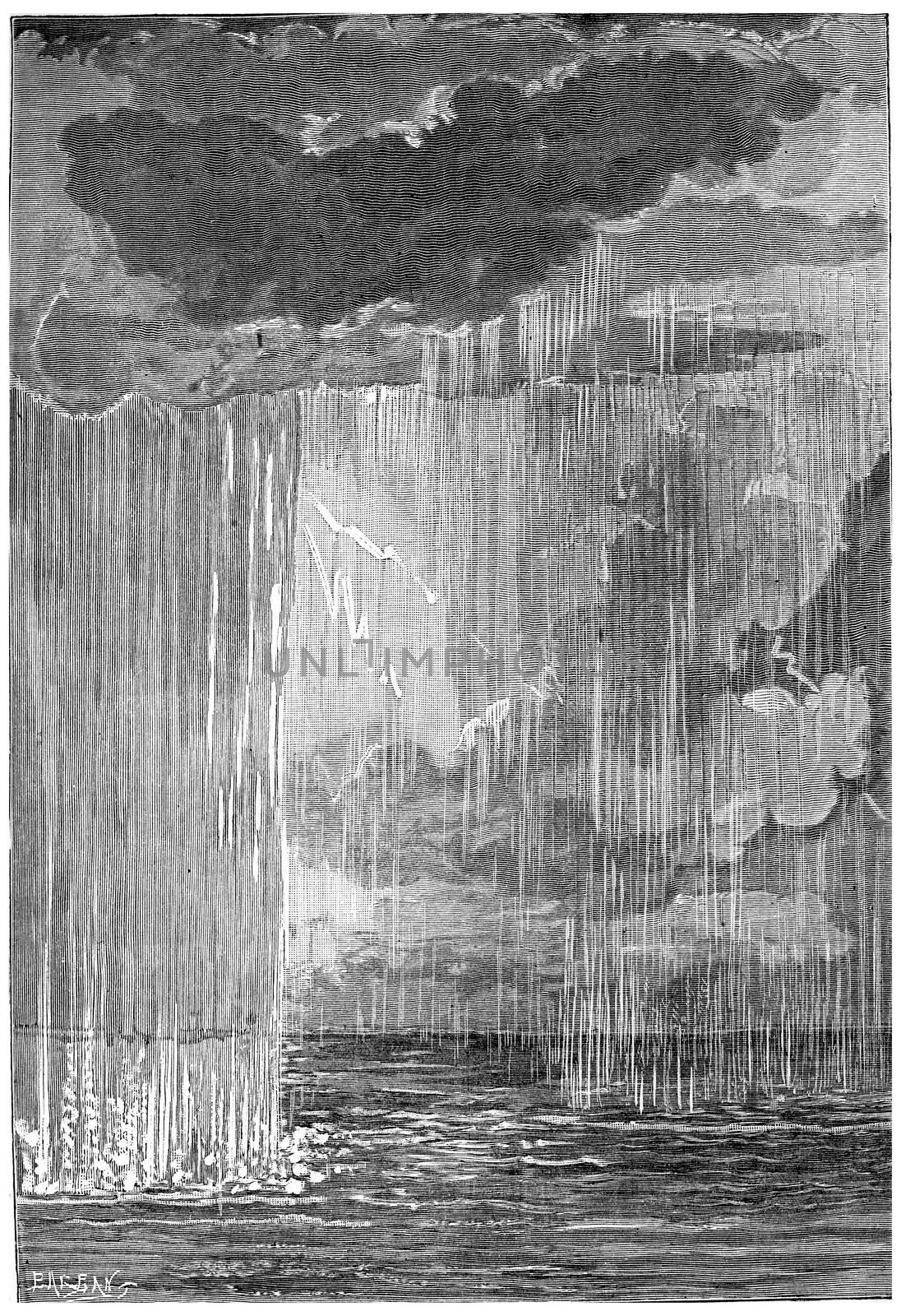 The formation of the atmosphere. First condensation water, vintage engraved illustration. Earth before man – 1886.