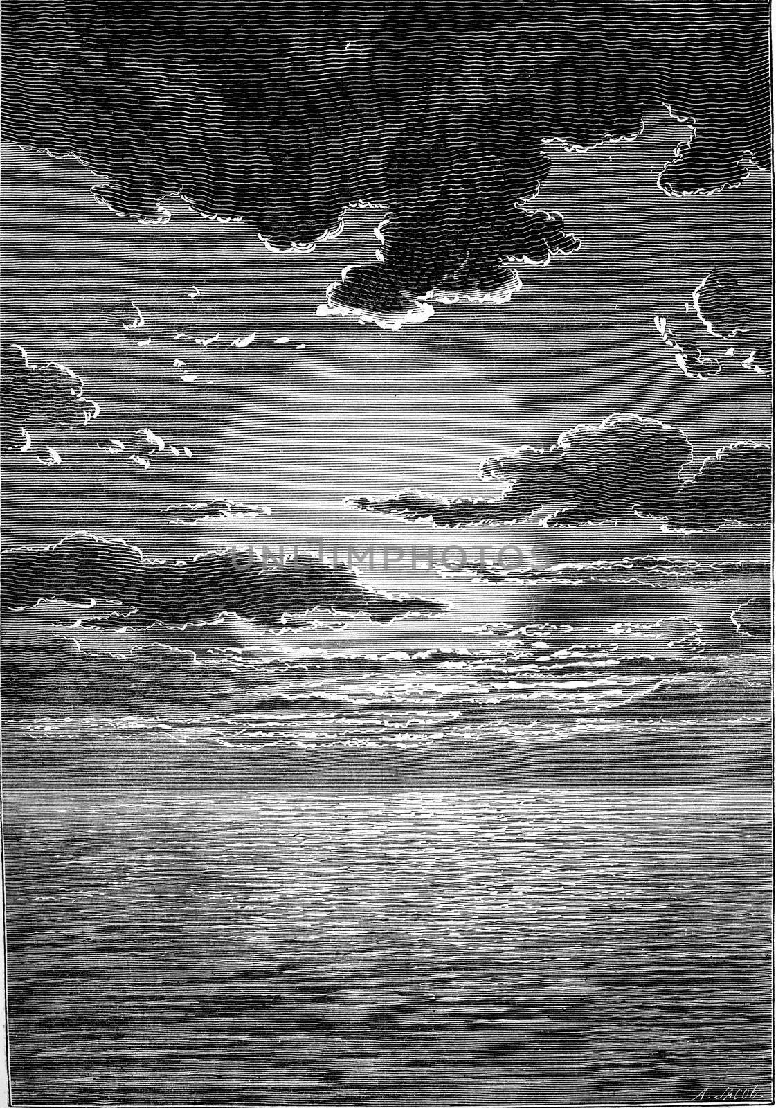 Under the immense age of the first sun, water, water everywhere, water always, vintage engraved illustration. Earth before man – 1886.
