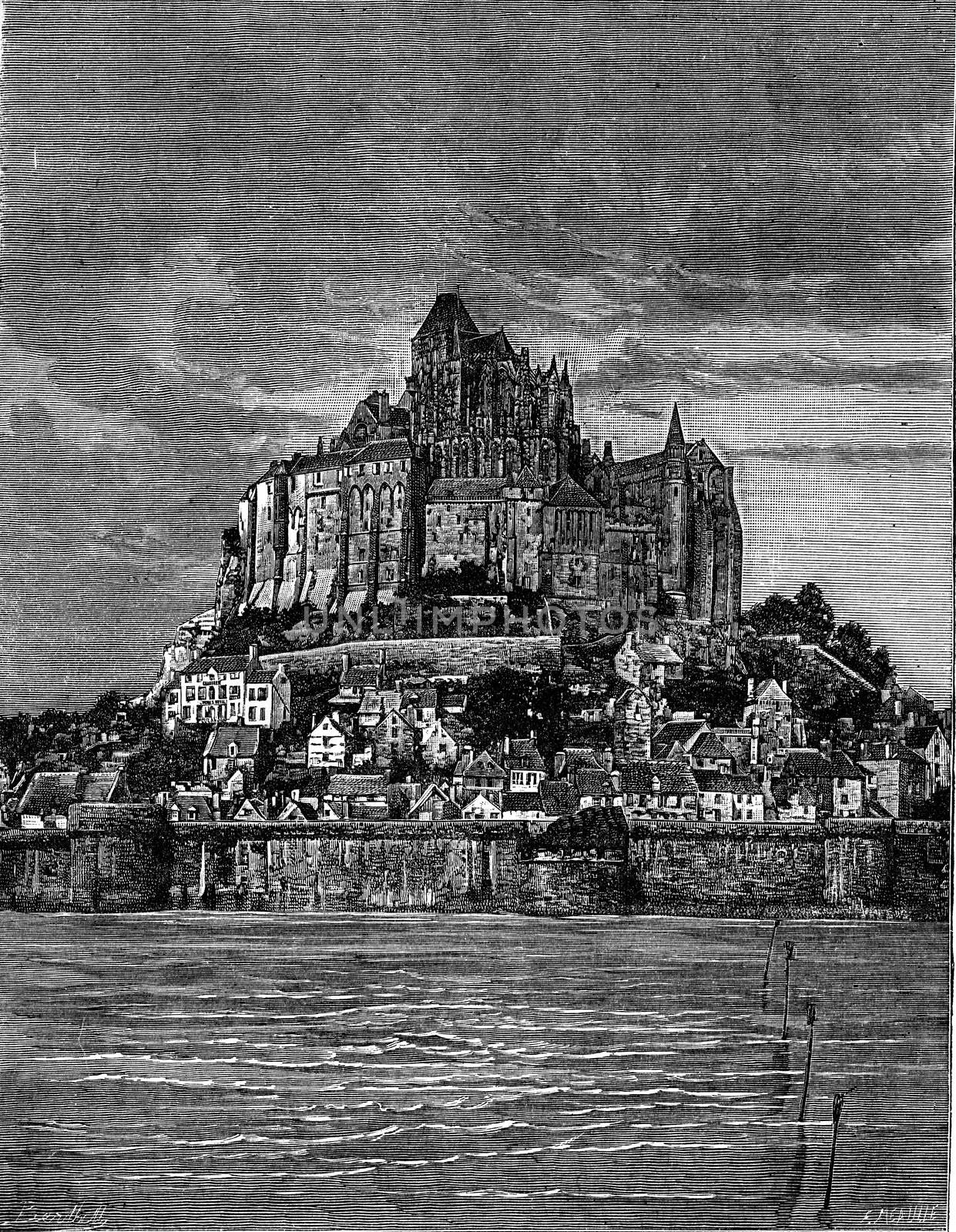 Mont Saint-Michel, vintage engraved illustration. Earth before man – 1886.
