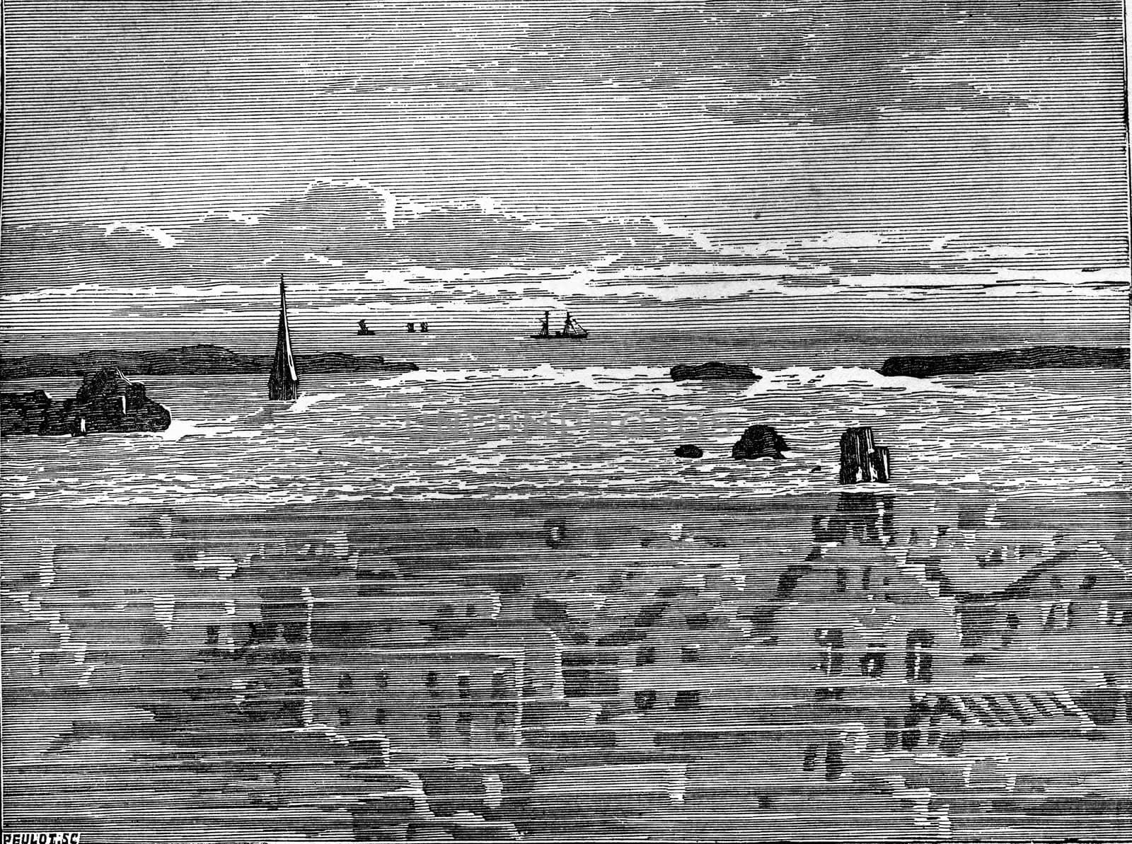 Zealand villages engulfed by the irruption of the sea, vintage engraved illustration. Earth before man – 1886.
