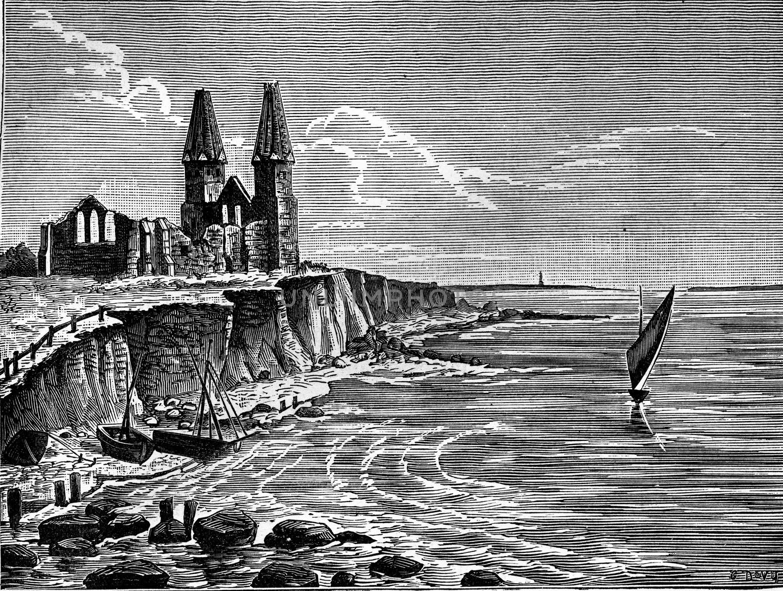 View of the church of Reculver in 1834, vintage engraved illustration. Earth before man – 1886.
